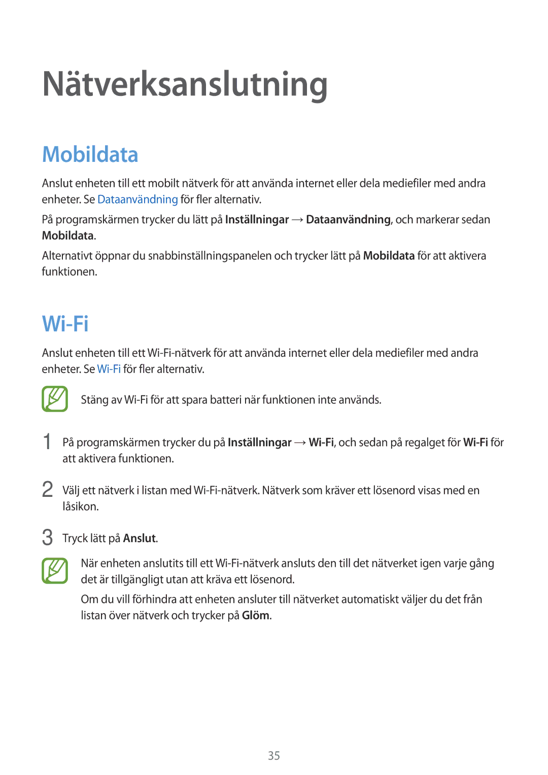 Samsung SM-A300FZWUTEN, SM-A300FZKUNEE, SM-A300FZSUNEE, SM-A300FZBUNEE, SM-A300FZSUTEN Nätverksanslutning, Mobildata, Wi-Fi 