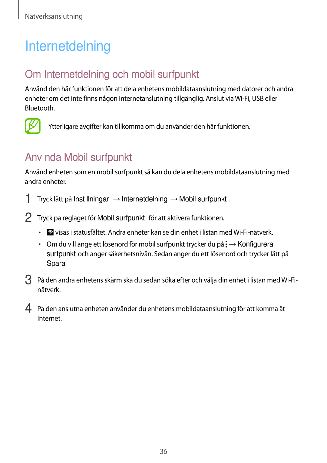 Samsung SM-A300FZSUNEE, SM-A300FZKUNEE, SM-A300FZWUTEN Om Internetdelning och mobil surfpunkt, Använda Mobil surfpunkt 