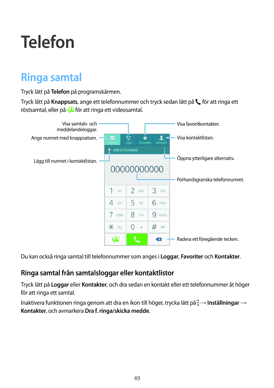 Samsung SM-A300FZKUVDS, SM-A300FZKUNEE, SM-A300FZWUTEN Telefon, Ringa samtal från samtalsloggar eller kontaktlistor 