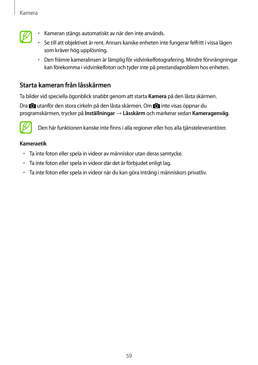 Samsung CG-A300FZWRNEE, SM-A300FZKUNEE, SM-A300FZWUTEN, SM-A300FZSUNEE manual Starta kameran från låsskärmen, Kameraetik 