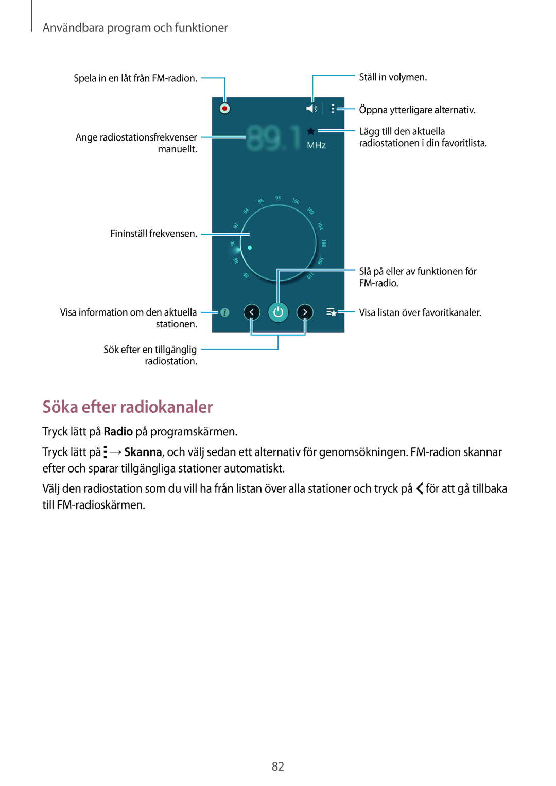 Samsung SM-A300FZKANEE, SM-A300FZKUNEE, SM-A300FZWUTEN manual Söka efter radiokanaler, Tryck lätt på Radio på programskärmen 