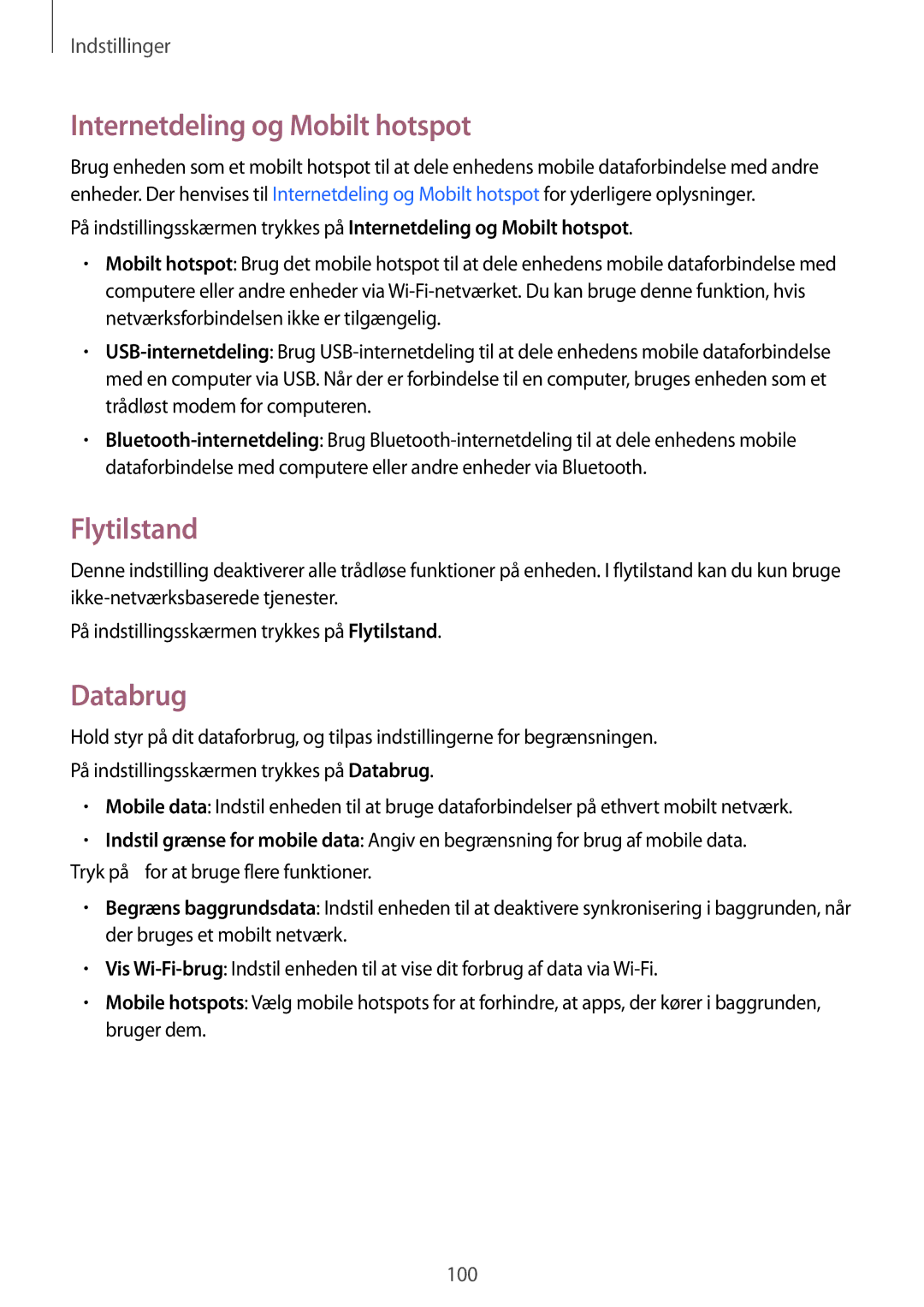 Samsung SM-A300FZKUVDS, SM-A300FZKUNEE, SM-A300FZWUTEN manual Internetdeling og Mobilt hotspot, Flytilstand, Databrug 