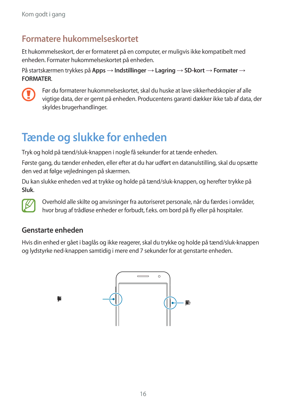 Samsung SM-A300FZWUHTS, SM-A300FZKUNEE manual Tænde og slukke for enheden, Formatere hukommelseskortet, Genstarte enheden 