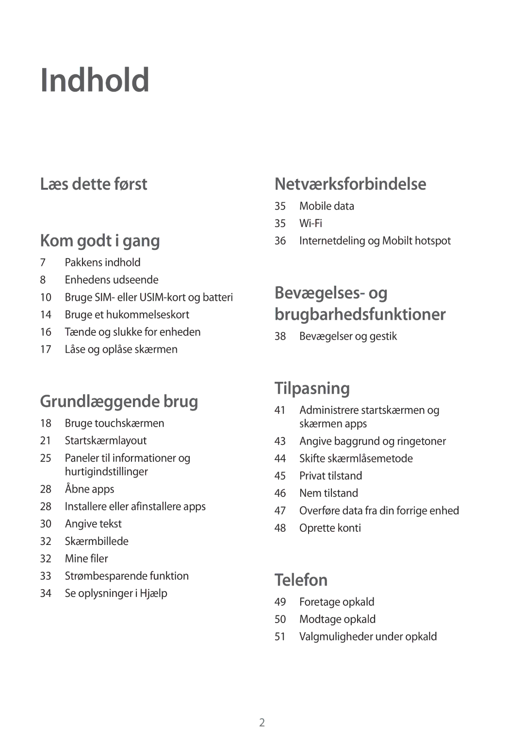 Samsung SM-A300FZSUNEE manual Indhold, Mobile data Wi-Fi Internetdeling og Mobilt hotspot, 38 Bevægelser og gestik 