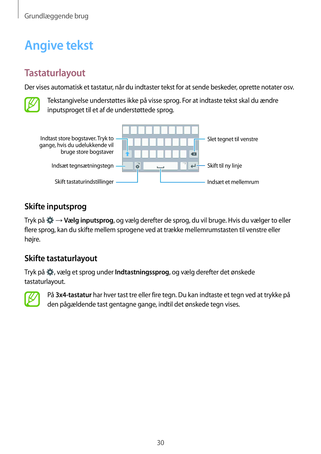 Samsung SM-A300FZWUNEE, SM-A300FZKUNEE manual Angive tekst, Tastaturlayout, Skifte inputsprog, Skifte tastaturlayout 