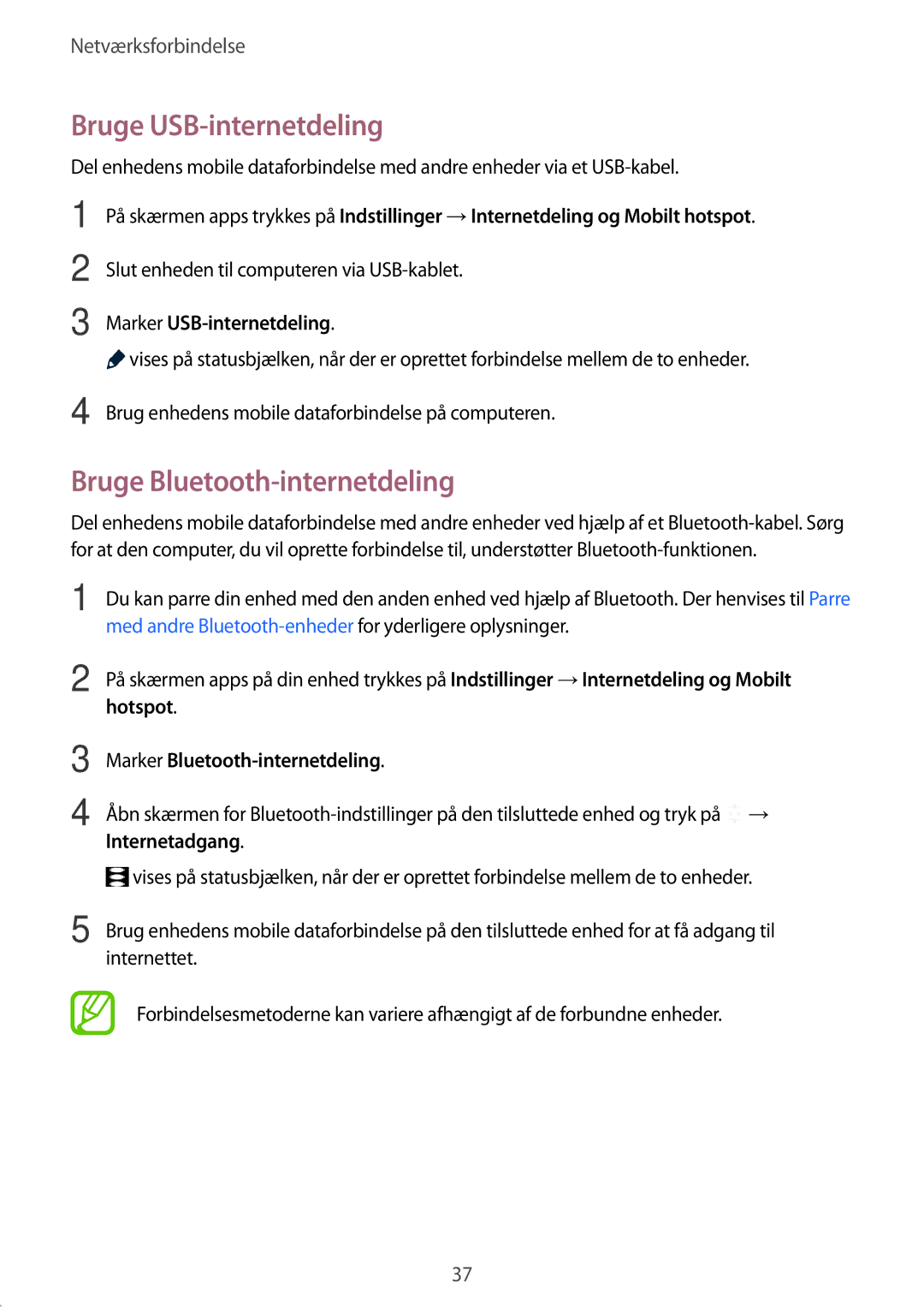 Samsung SM-A300FZBUNEE, SM-A300FZKUNEE Bruge USB-internetdeling, Bruge Bluetooth-internetdeling, Marker USB-internetdeling 