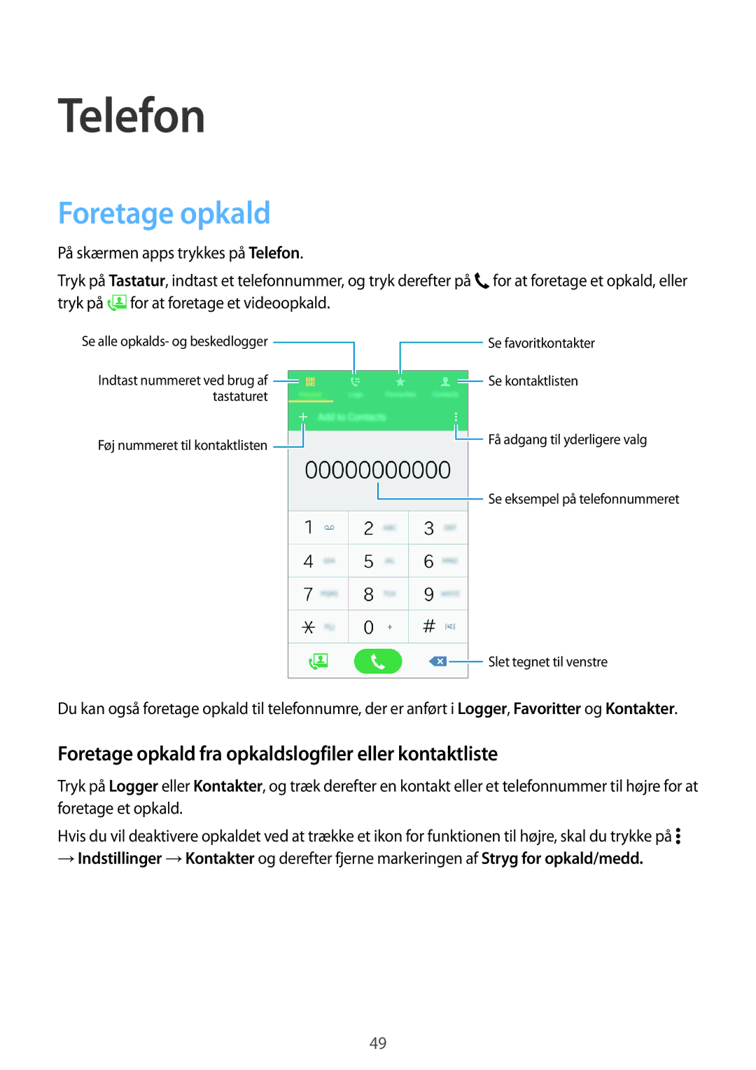 Samsung SM-A300FZKUVDS, SM-A300FZKUNEE, SM-A300FZWUTEN Telefon, Foretage opkald fra opkaldslogfiler eller kontaktliste 