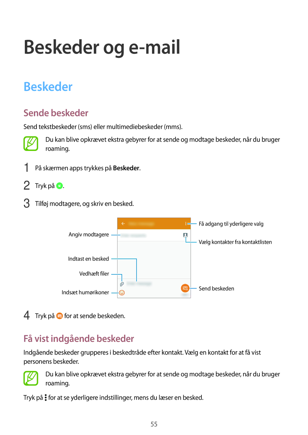 Samsung SM-A300FZSUTEN manual Beskeder og e-mail, Sende beskeder, Få vist indgående beskeder, For at sende beskeden 