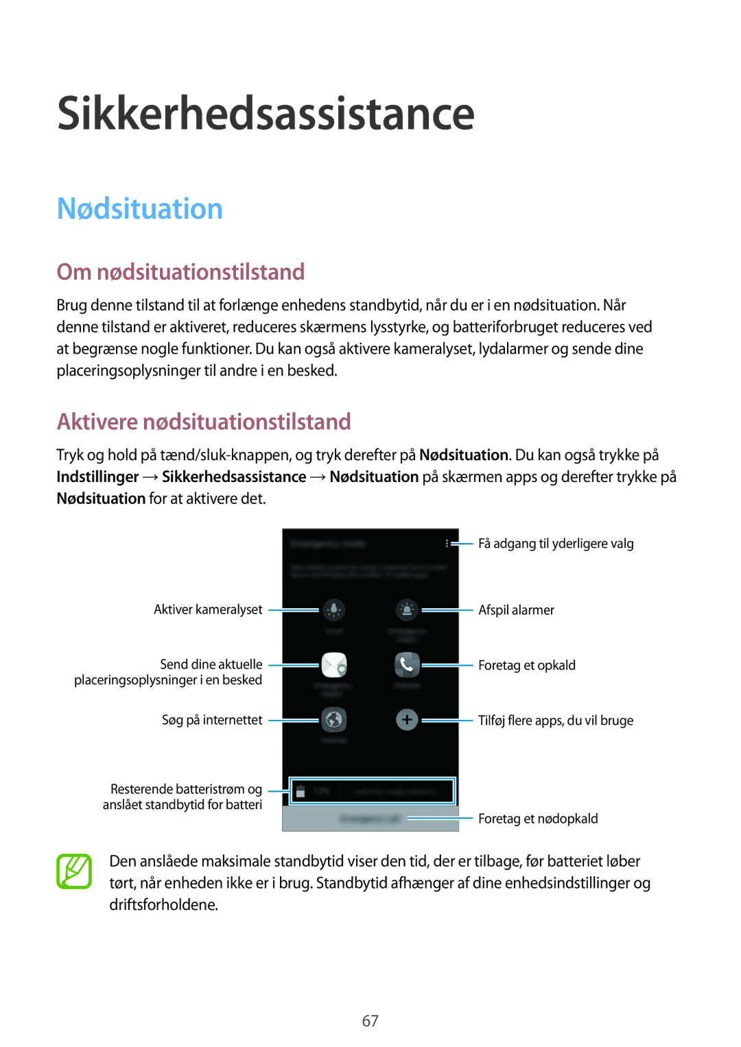 Samsung SM-A300FZWUHTS manual Sikkerhedsassistance, Nødsituation, Om nødsituationstilstand, Aktivere nødsituationstilstand 