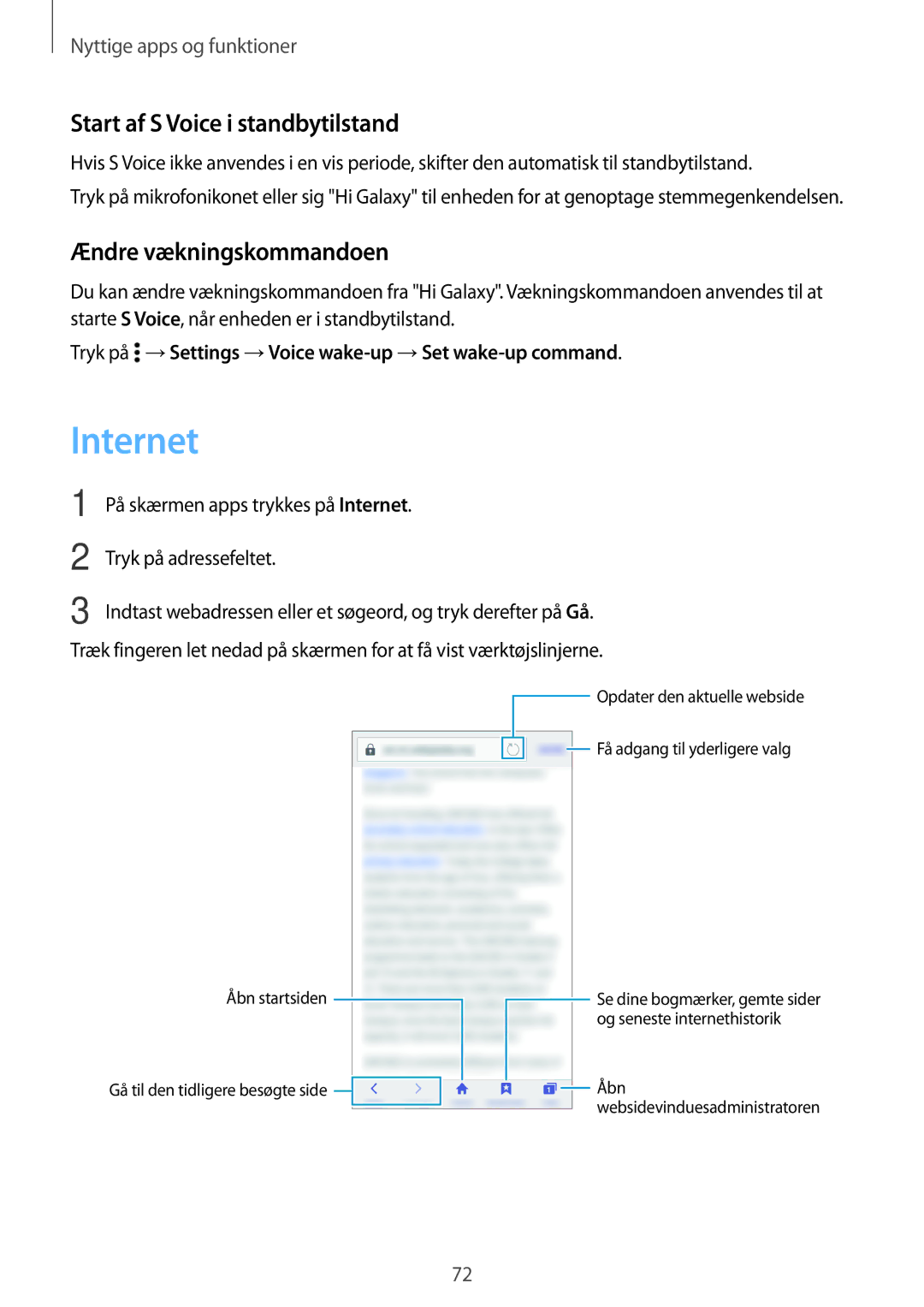 Samsung SM-A300FZSUTEN, SM-A300FZKUNEE manual Internet, Start af S Voice i standbytilstand, Ændre vækningskommandoen 