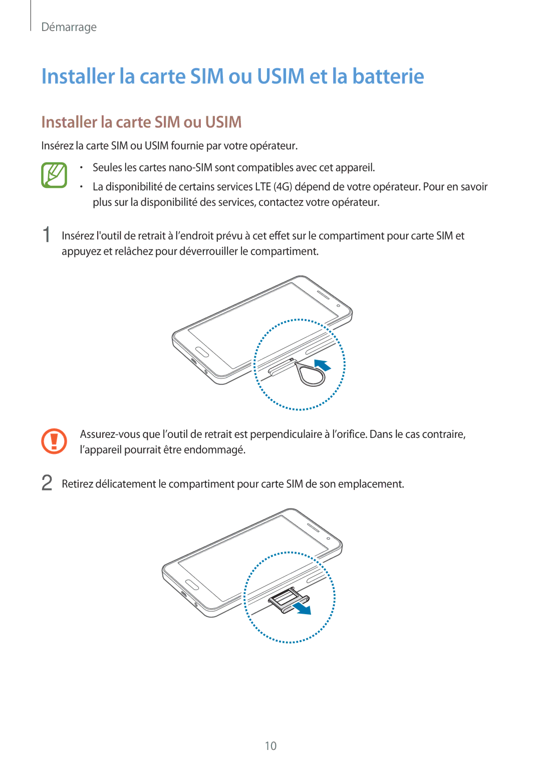 Samsung SM-A300FZSUXEF, SM-A300FZKUBOG, SM-A300FZWUFTM, SM-A300FZWUSFR manual Installer la carte SIM ou Usim et la batterie 