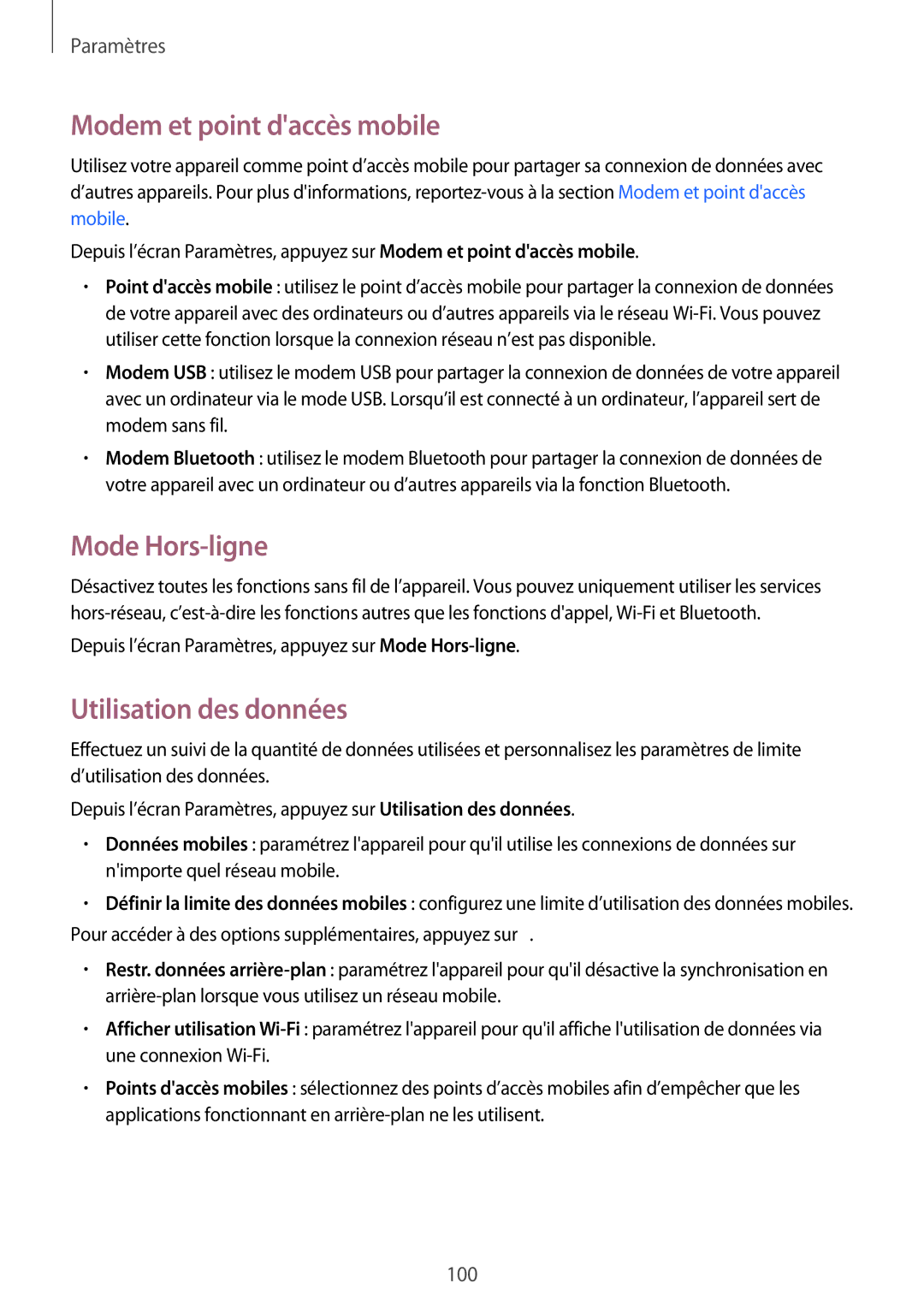 Samsung SM-A300FZSUXEF, SM-A300FZKUBOG manual Modem et point daccès mobile, Mode Hors-ligne, Utilisation des données 