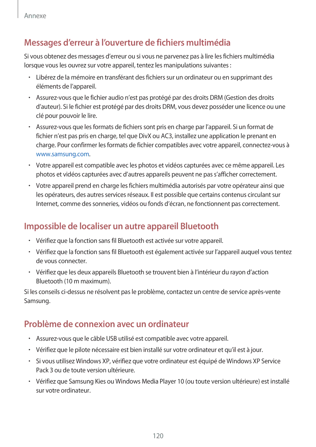 Samsung SM-A300FZSUXEF, SM-A300FZKUBOG, SM-A300FZWUFTM manual Messages d’erreur à l’ouverture de fichiers multimédia 