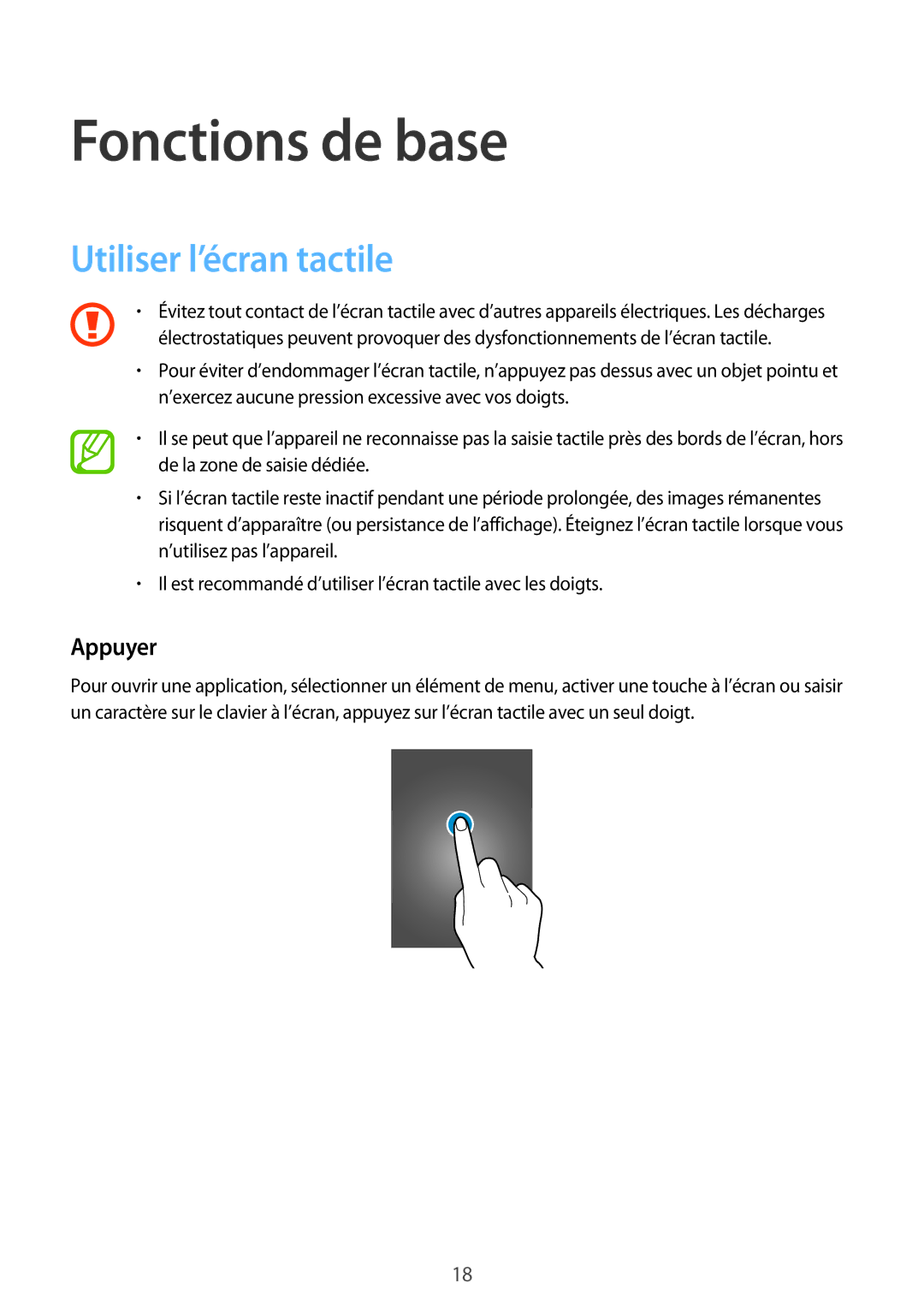 Samsung SM-A300FZKUSFR, SM-A300FZSUXEF, SM-A300FZKUBOG, SM-A300FZWUFTM Fonctions de base, Utiliser l’écran tactile, Appuyer 