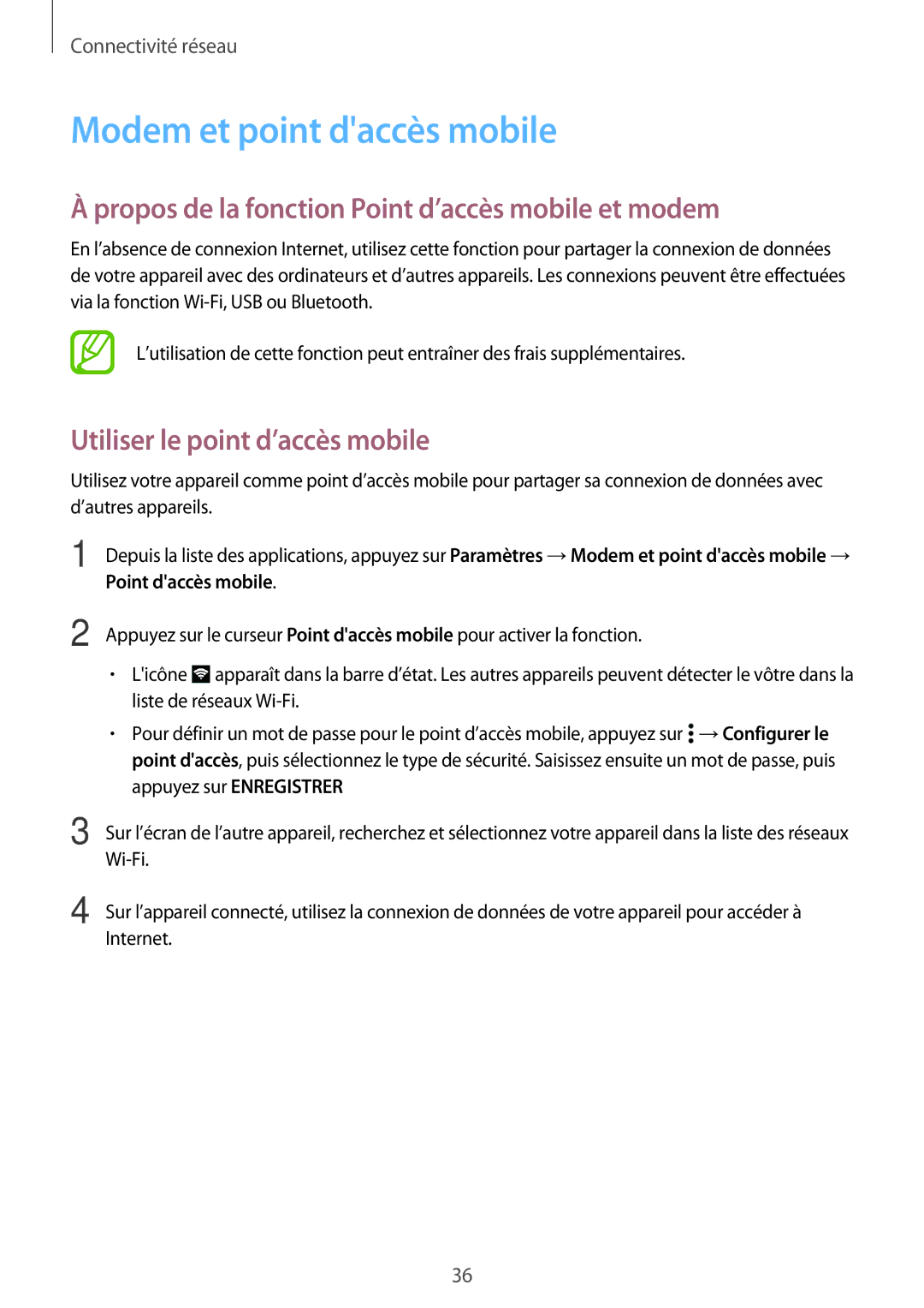 Samsung SM-A300FZKUXEF, SM-A300FZSUXEF Modem et point daccès mobile, Propos de la fonction Point d’accès mobile et modem 