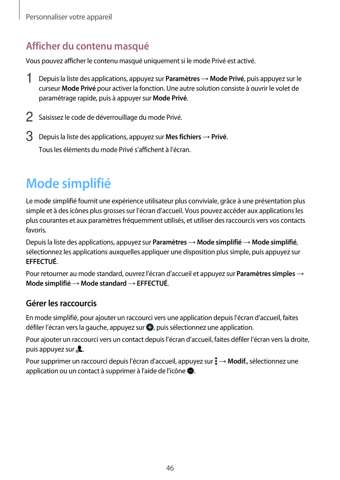 Samsung SM-A300FZKUXEF, SM-A300FZSUXEF, SM-A300FZKUBOG Mode simplifié, Afficher du contenu masqué, Gérer les raccourcis 