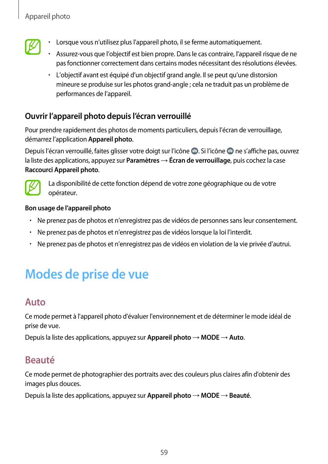 Samsung SM-A300FZKUFTM manual Modes de prise de vue, Auto, Beauté, Ouvrir l’appareil photo depuis l’écran verrouillé 