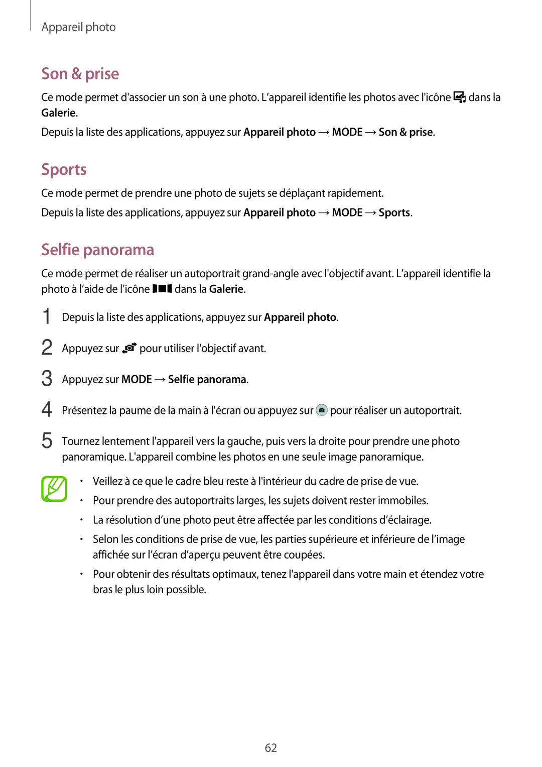 Samsung SM-A300FZWUFTM, SM-A300FZSUXEF, SM-A300FZKUBOG manual Son & prise, Sports, Appuyez sur Mode →Selfie panorama 