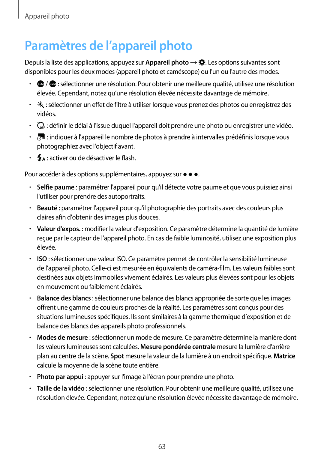 Samsung SM-A300FZWUSFR, SM-A300FZSUXEF, SM-A300FZKUBOG, SM-A300FZWUFTM, SM-A300FZWUBOG manual Paramètres de l’appareil photo 