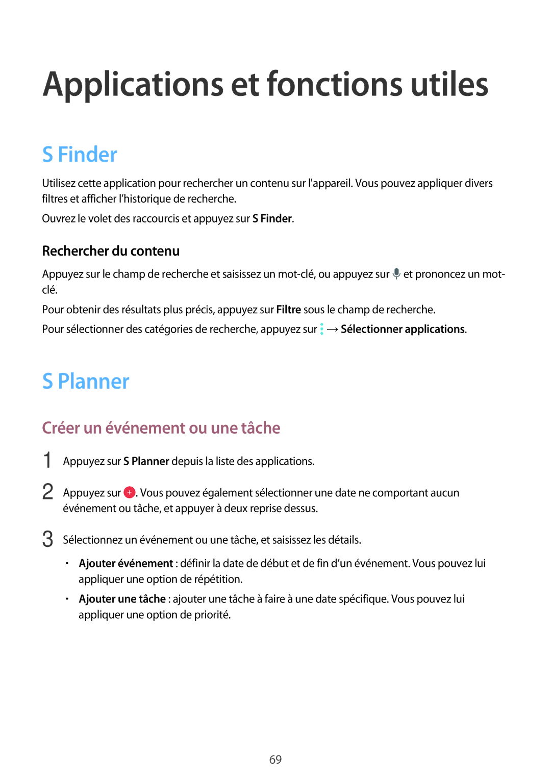 Samsung SM-A300FZKUFTM, SM-A300FZSUXEF manual Finder, Planner, Créer un événement ou une tâche, Rechercher du contenu 