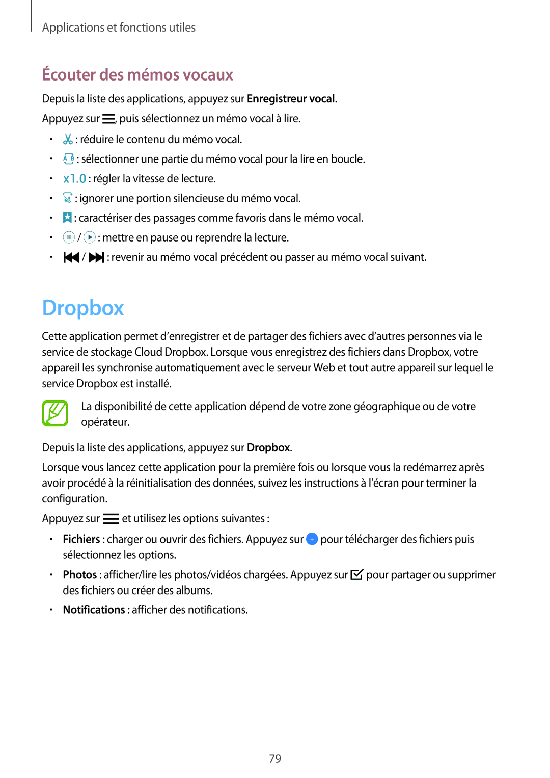 Samsung SM-A300FZKUFTM, SM-A300FZSUXEF, SM-A300FZKUBOG, SM-A300FZWUFTM, SM-A300FZWUSFR manual Dropbox, Écouter des mémos vocaux 