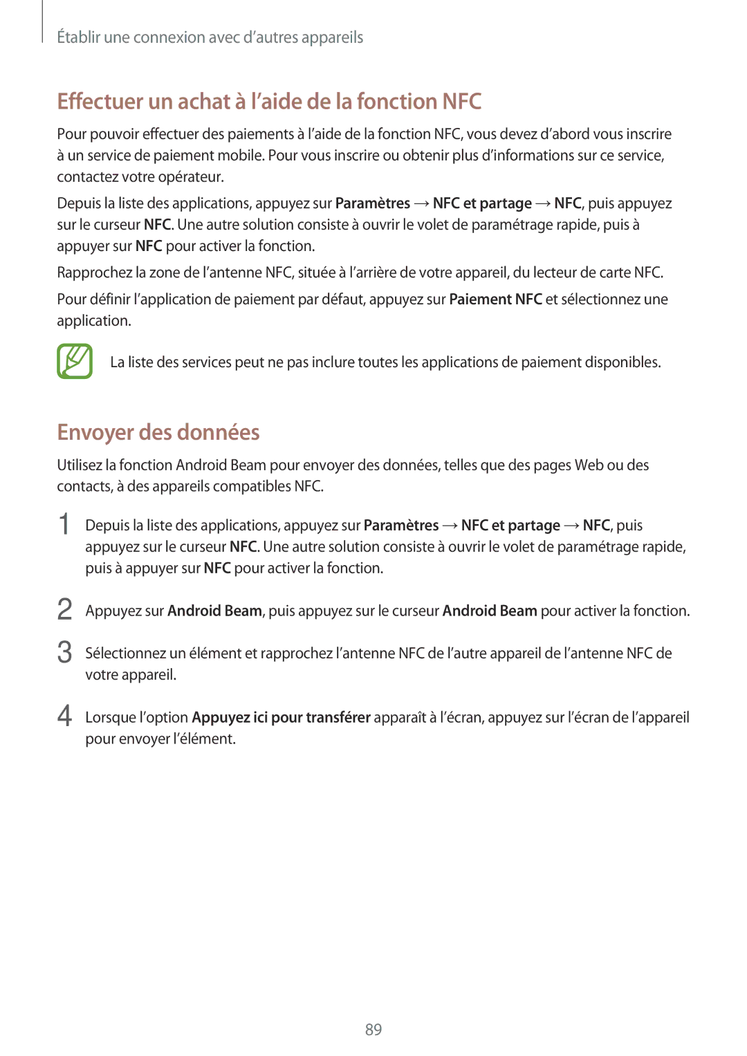 Samsung SM-A300FZKUFTM, SM-A300FZSUXEF, SM-A300FZKUBOG Effectuer un achat à l’aide de la fonction NFC, Envoyer des données 