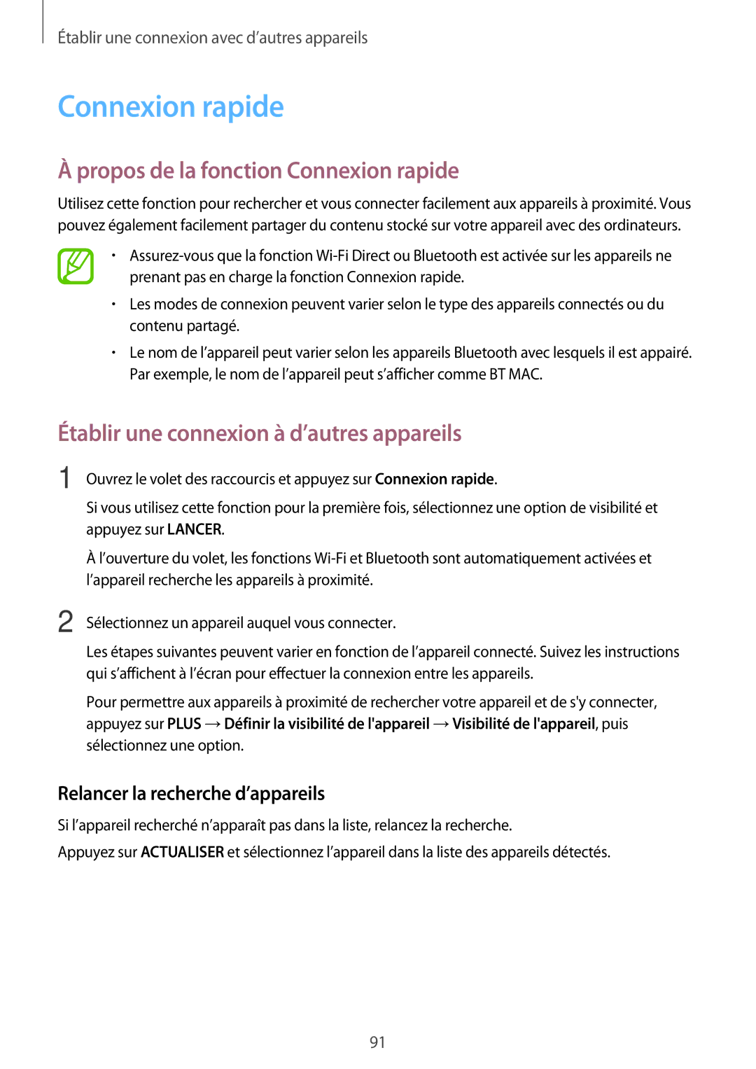 Samsung SM-A300FZKUBOG, SM-A300FZSUXEF manual Propos de la fonction Connexion rapide, Relancer la recherche d’appareils 