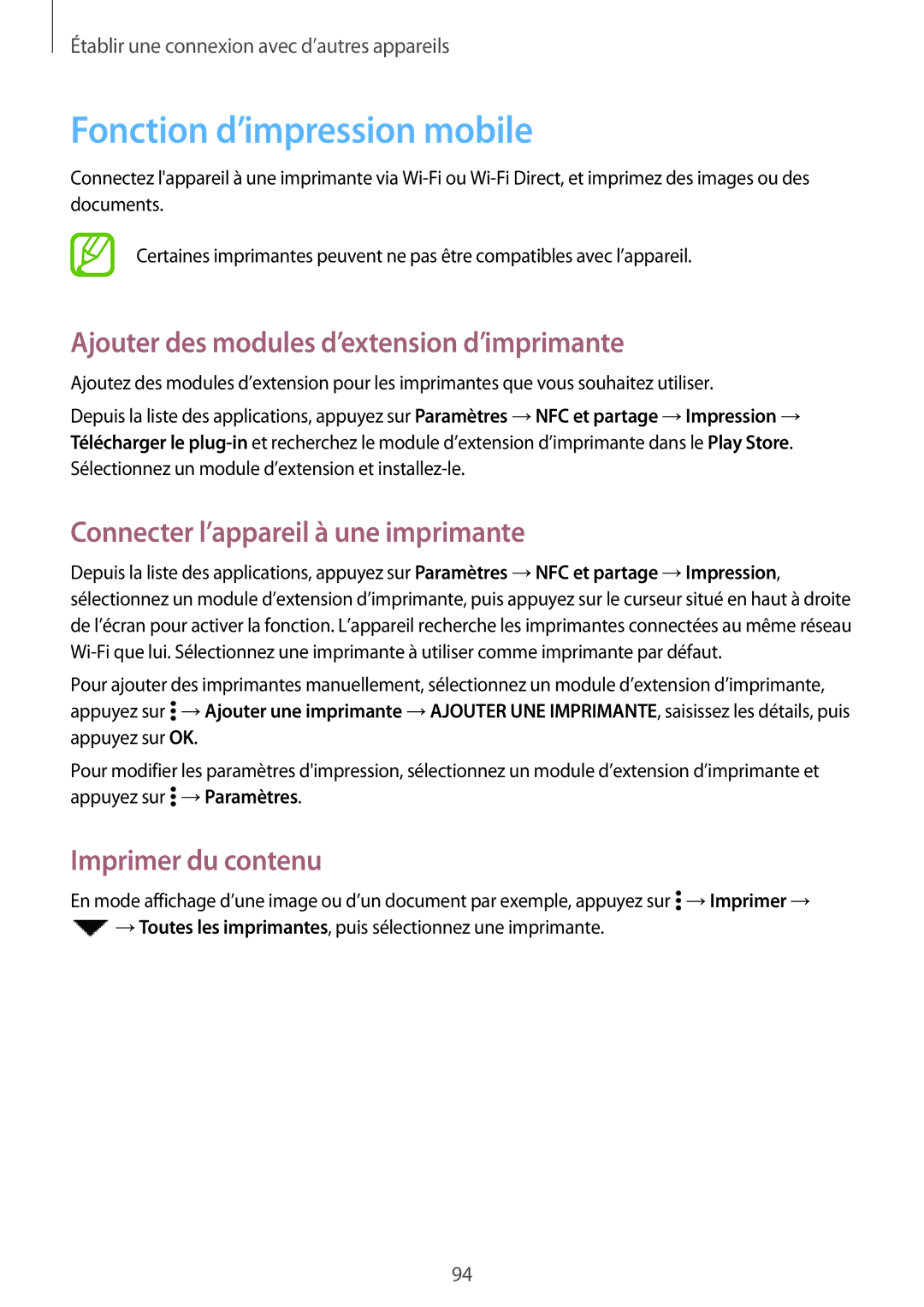 Samsung SM-A300FZWUBOG Fonction d’impression mobile, Ajouter des modules d’extension d’imprimante, Imprimer du contenu 