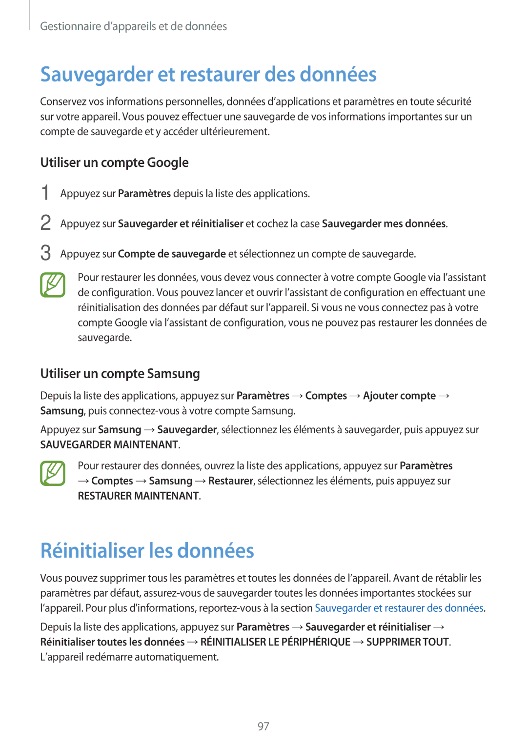 Samsung SM-A300FZDUFTM manual Sauvegarder et restaurer des données, Réinitialiser les données, Utiliser un compte Google 