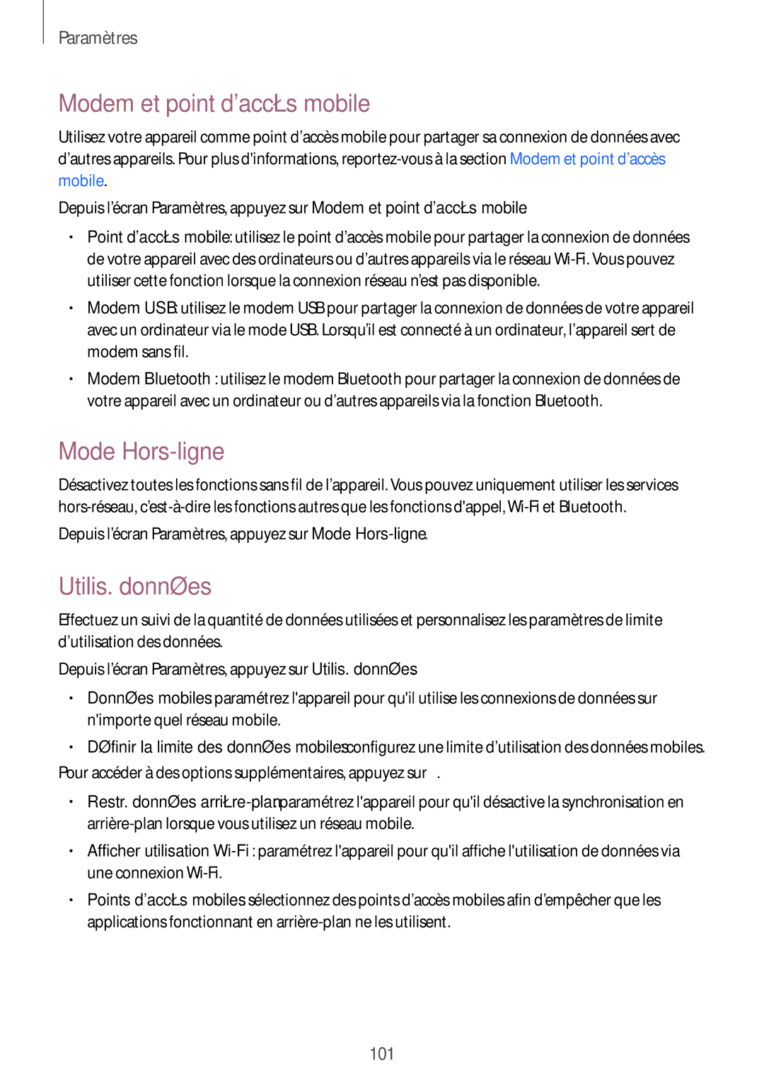 Samsung SM-A300FZKUBOG, SM-A300FZSUXEF, SM-A300FZWUFTM manual Modem et point daccès mobile, Mode Hors-ligne, Utilis. données 