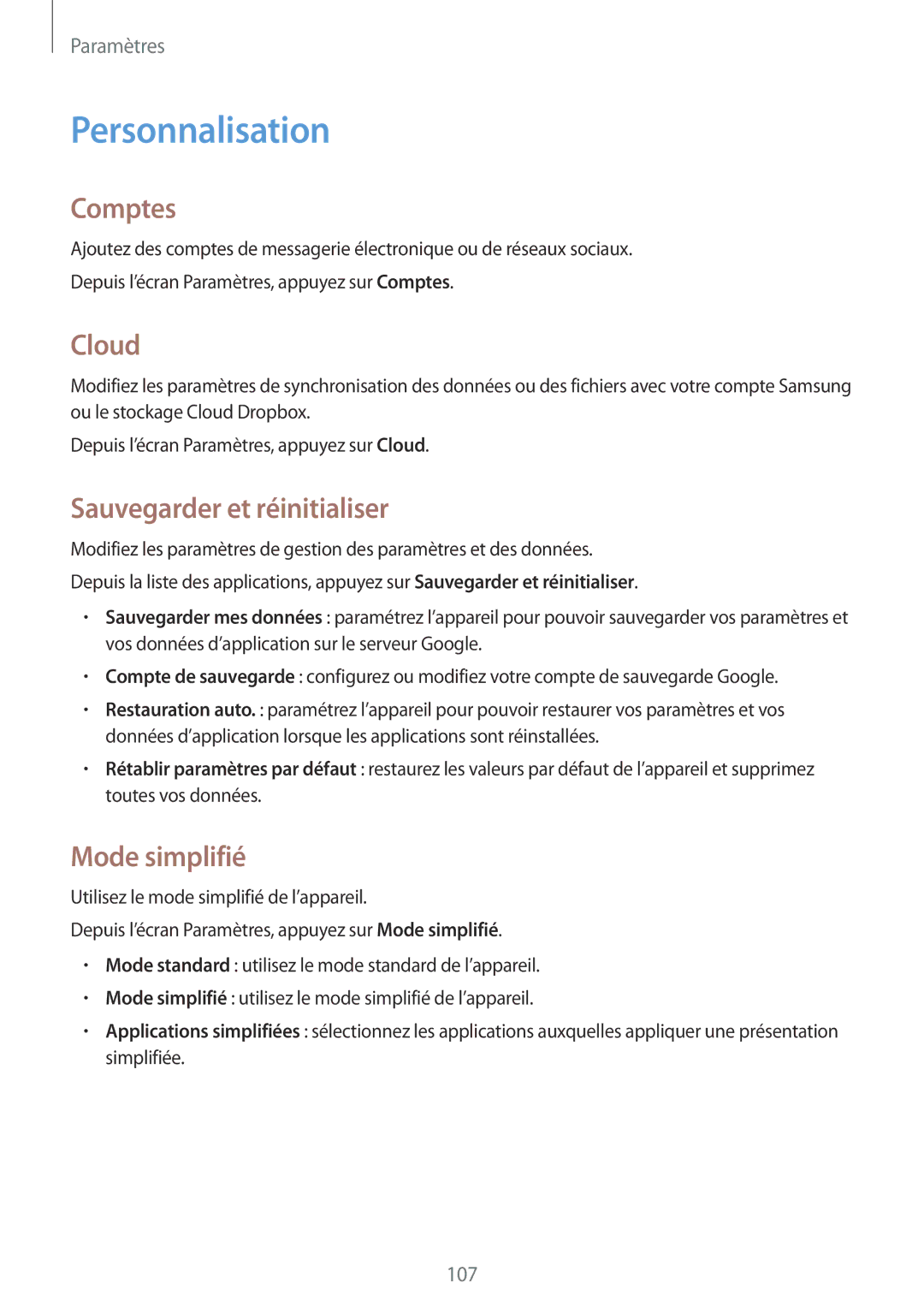 Samsung SM-A300FZDUFTM, SM-A300FZSUXEF manual Personnalisation, Comptes, Cloud, Sauvegarder et réinitialiser, Mode simplifié 