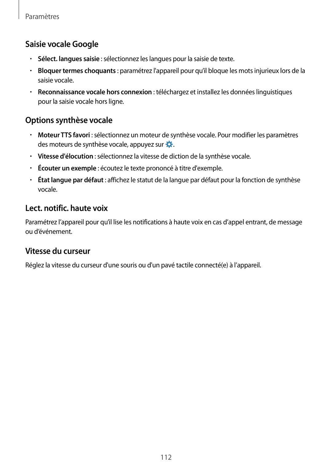 Samsung SM-A300FZWUFTM manual Saisie vocale Google, Options synthèse vocale, Lect. notific. haute voix, Vitesse du curseur 