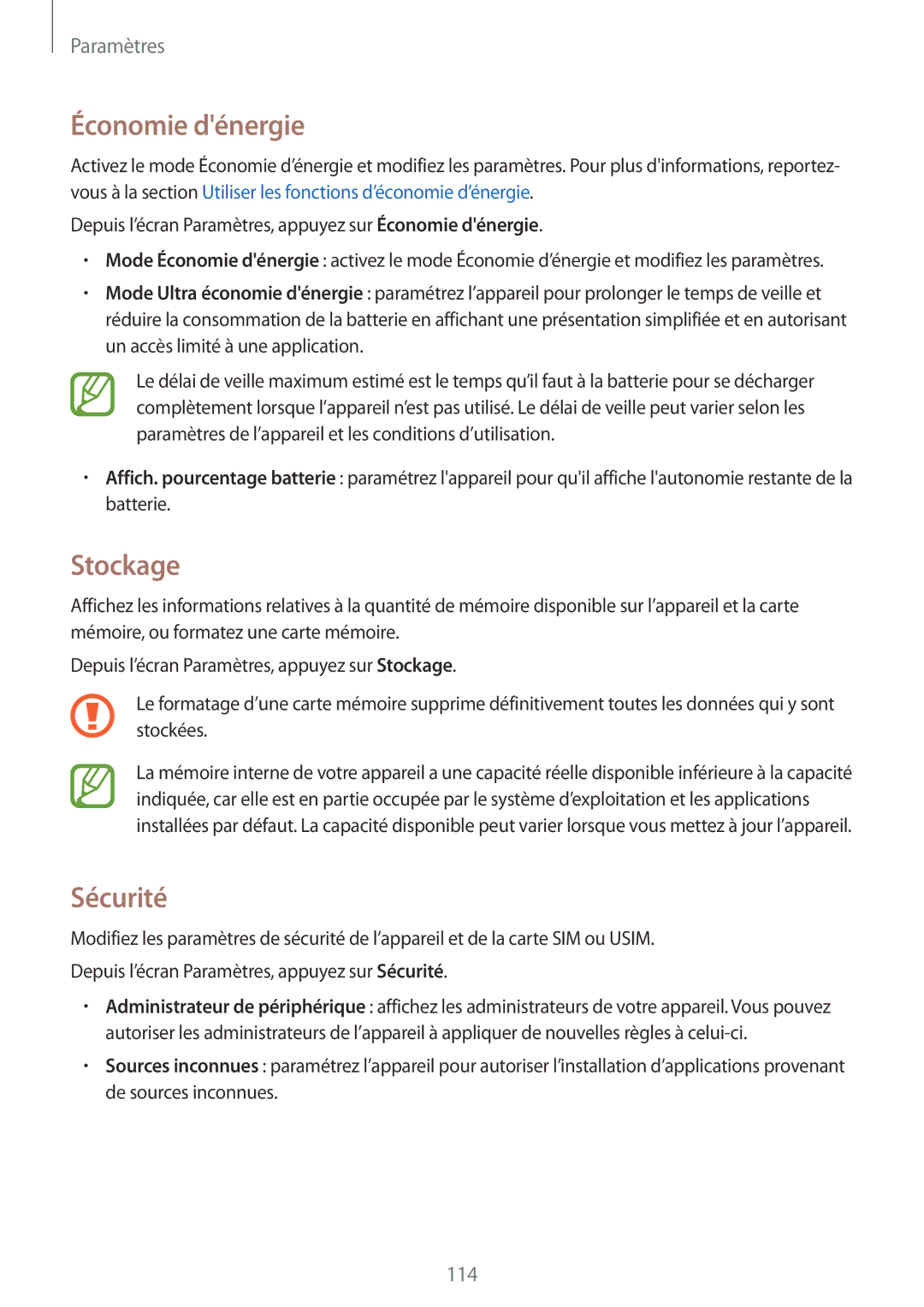 Samsung SM-A300FZWUBOG, SM-A300FZSUXEF, SM-A300FZKUBOG, SM-A300FZWUFTM, SM-A300FZWUSFR Économie dénergie, Stockage, Sécurité 