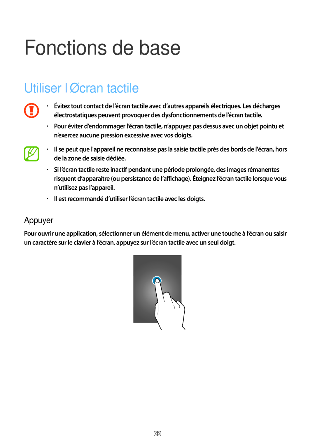 Samsung SM-A300FZKUSFR, SM-A300FZSUXEF, SM-A300FZKUBOG, SM-A300FZWUFTM Fonctions de base, Utiliser l’écran tactile, Appuyer 