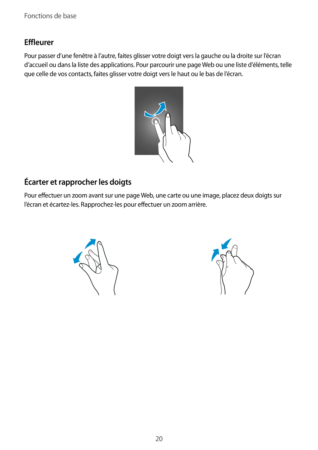 Samsung SM-A300FZSUXEF, SM-A300FZKUBOG, SM-A300FZWUFTM, SM-A300FZWUSFR manual Effleurer, Écarter et rapprocher les doigts 