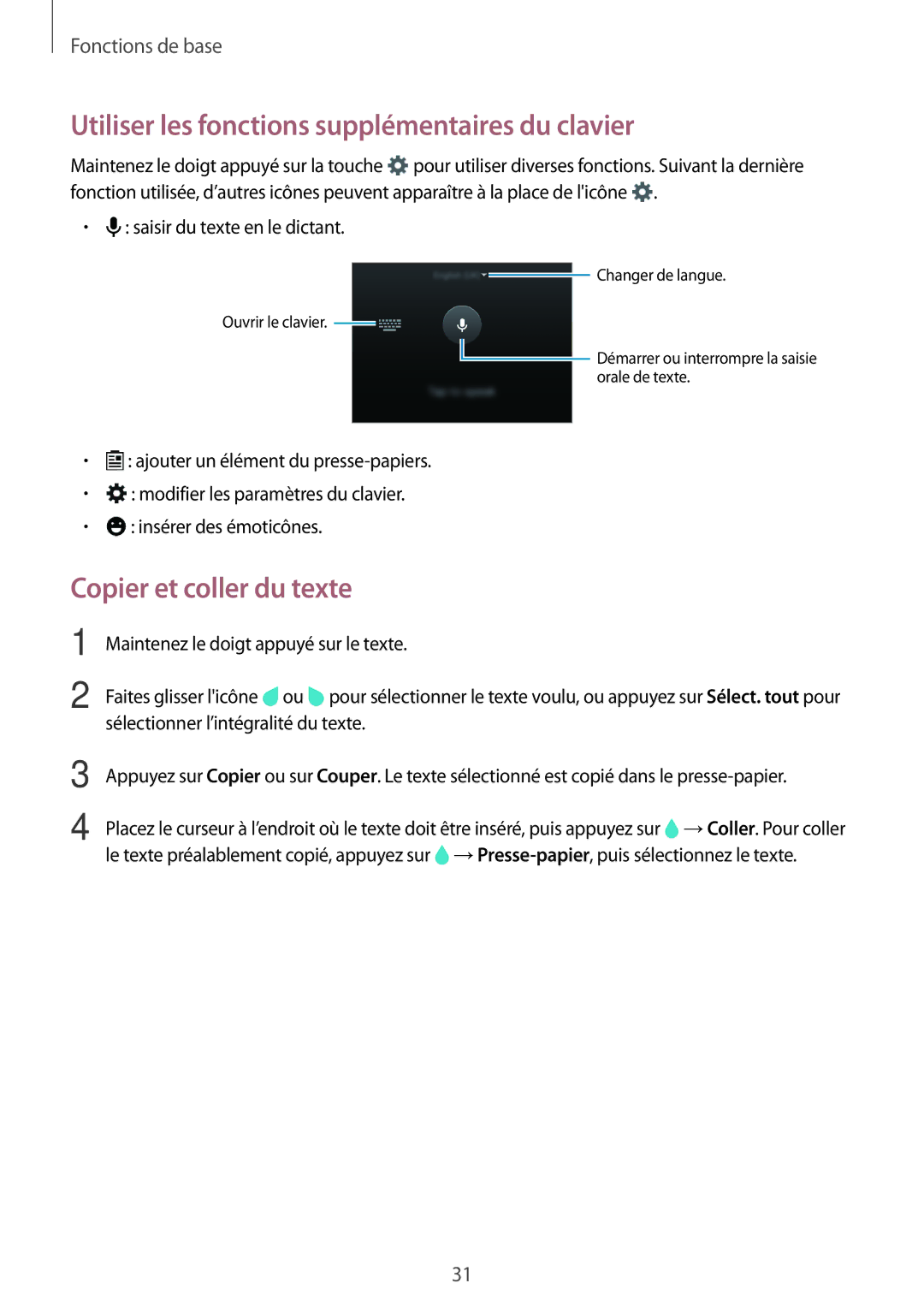 Samsung SM-A300FZKUBOG, SM-A300FZSUXEF manual Utiliser les fonctions supplémentaires du clavier, Copier et coller du texte 