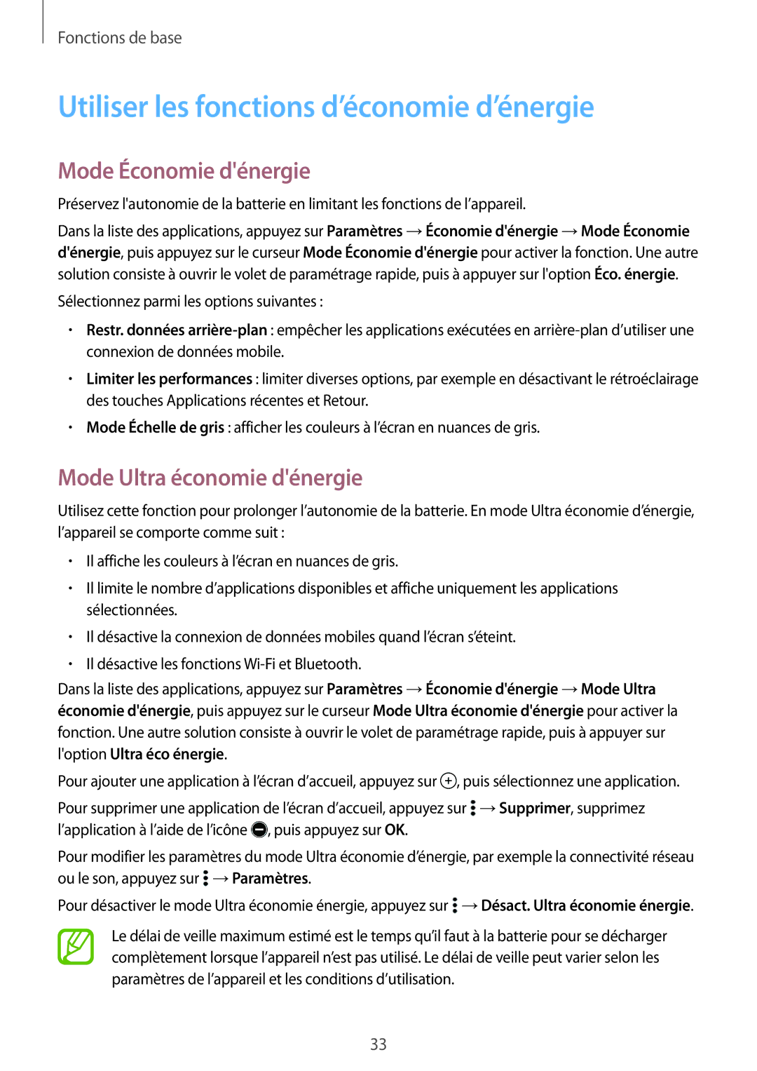 Samsung SM-A300FZWUSFR Utiliser les fonctions d’économie d’énergie, Mode Économie dénergie, Mode Ultra économie dénergie 