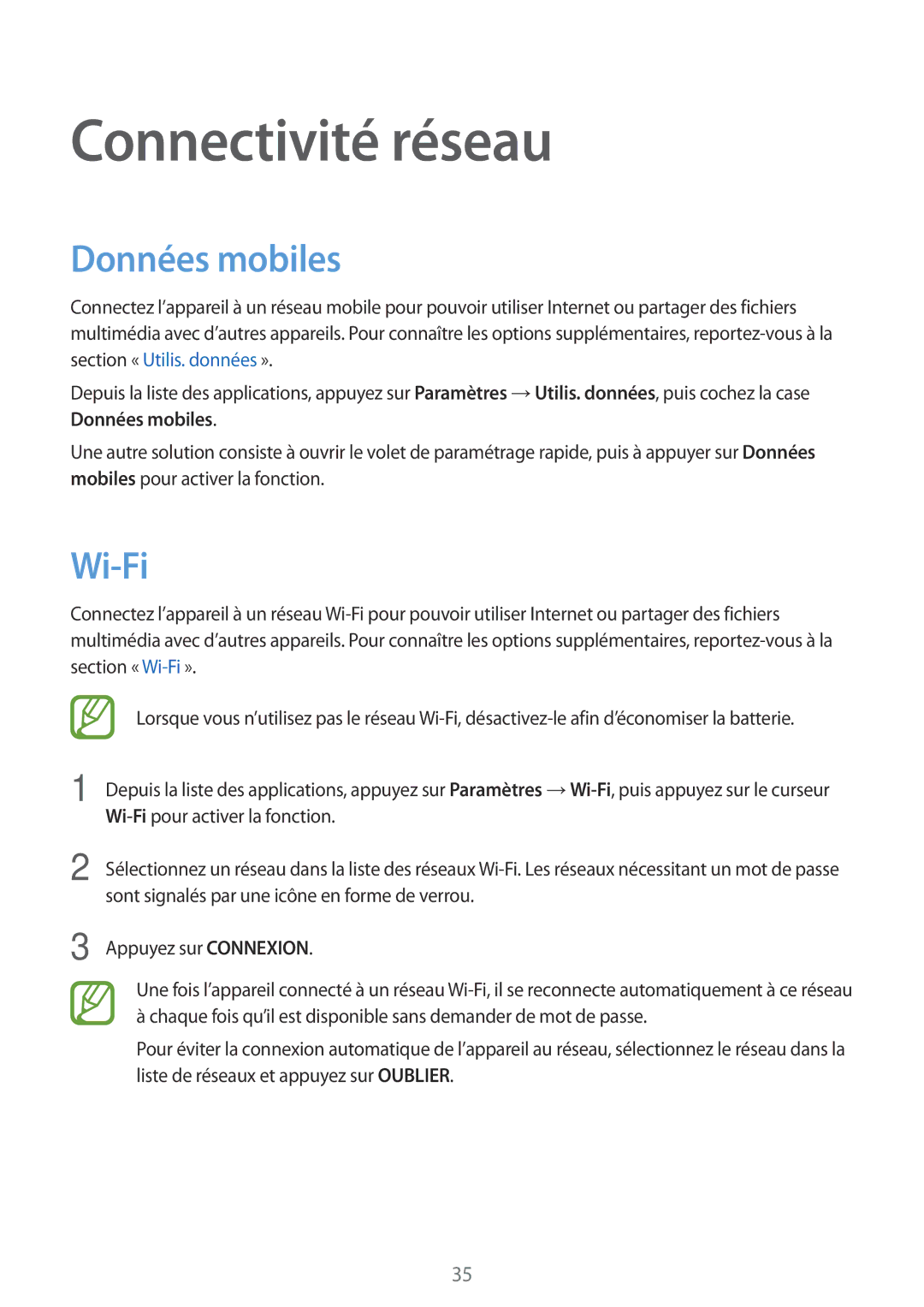 Samsung SM-A300FZWUXEF, SM-A300FZSUXEF, SM-A300FZKUBOG, SM-A300FZWUFTM manual Connectivité réseau, Données mobiles, Wi-Fi 