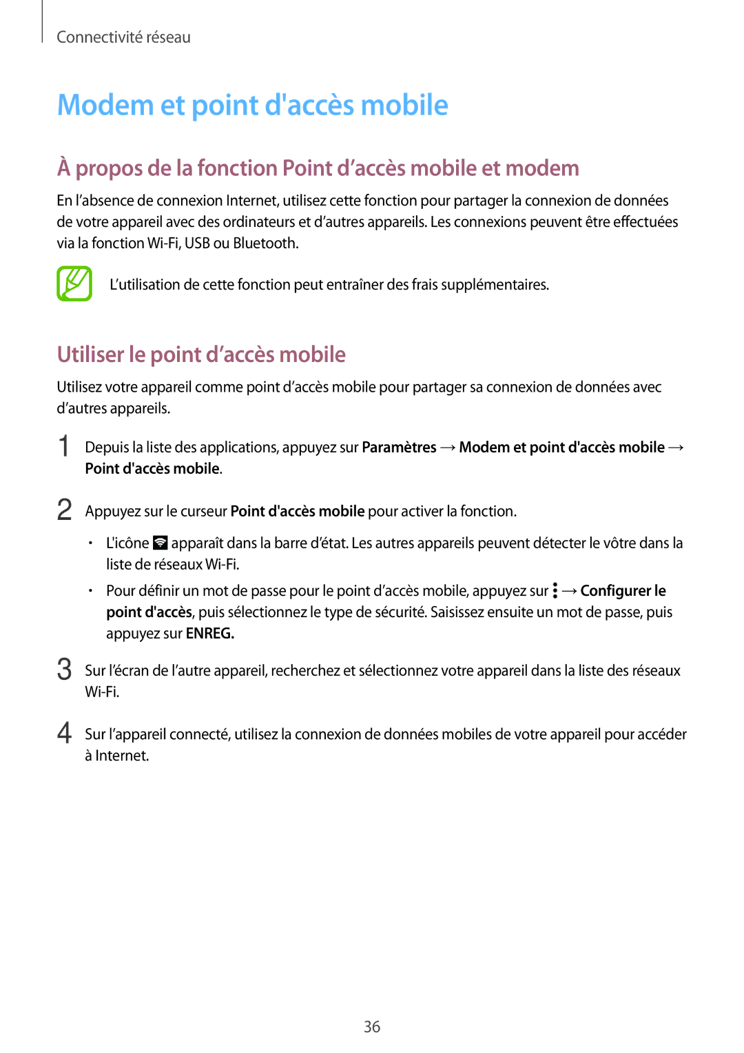 Samsung SM-A300FZKUXEF, SM-A300FZSUXEF Modem et point daccès mobile, Propos de la fonction Point d’accès mobile et modem 