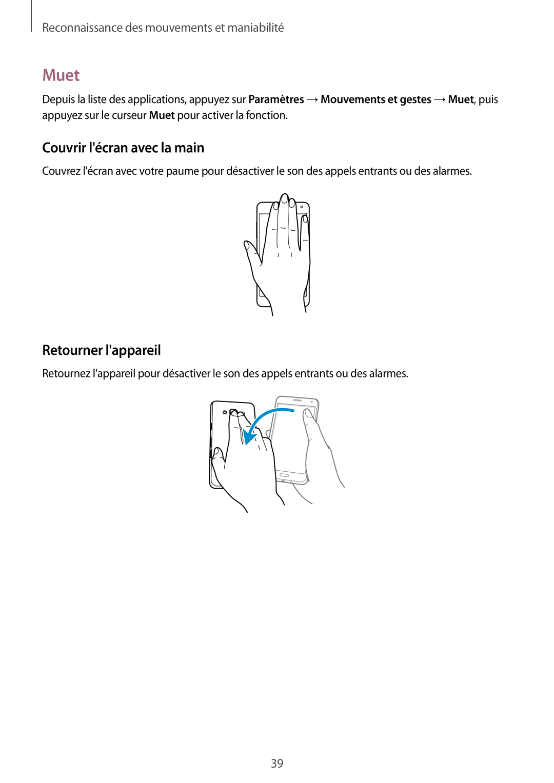 Samsung SM-A300FZKUFTM, SM-A300FZSUXEF, SM-A300FZKUBOG manual Muet, Couvrir lécran avec la main, Retourner lappareil 