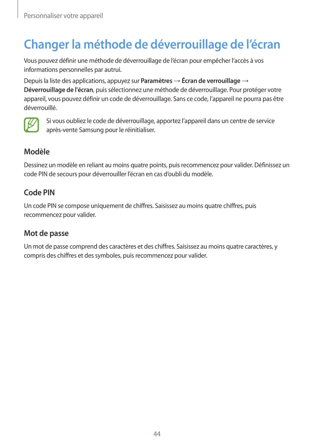 Samsung SM-A300FZWUBOG, SM-A300FZSUXEF, SM-A300FZKUBOG, SM-A300FZWUFTM, SM-A300FZWUSFR manual Modèle, Code PIN, Mot de passe 