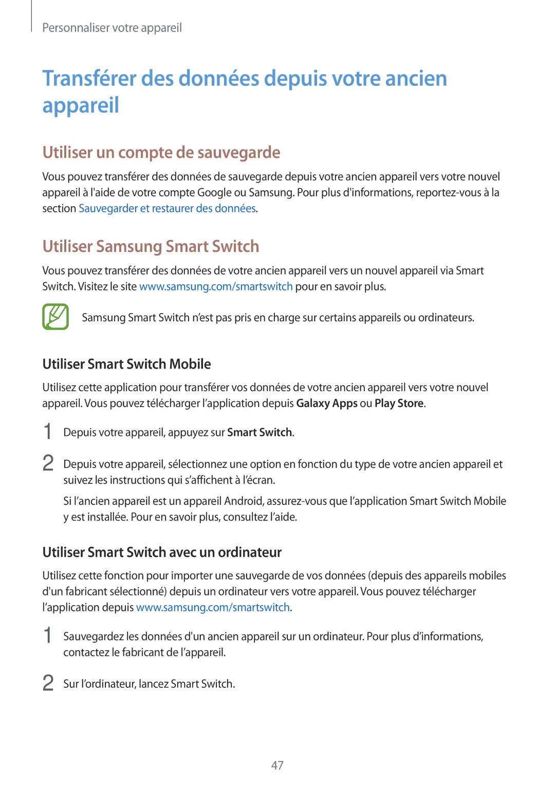 Samsung SM-A300FZDUFTM manual Transférer des données depuis votre ancien appareil, Utiliser un compte de sauvegarde 