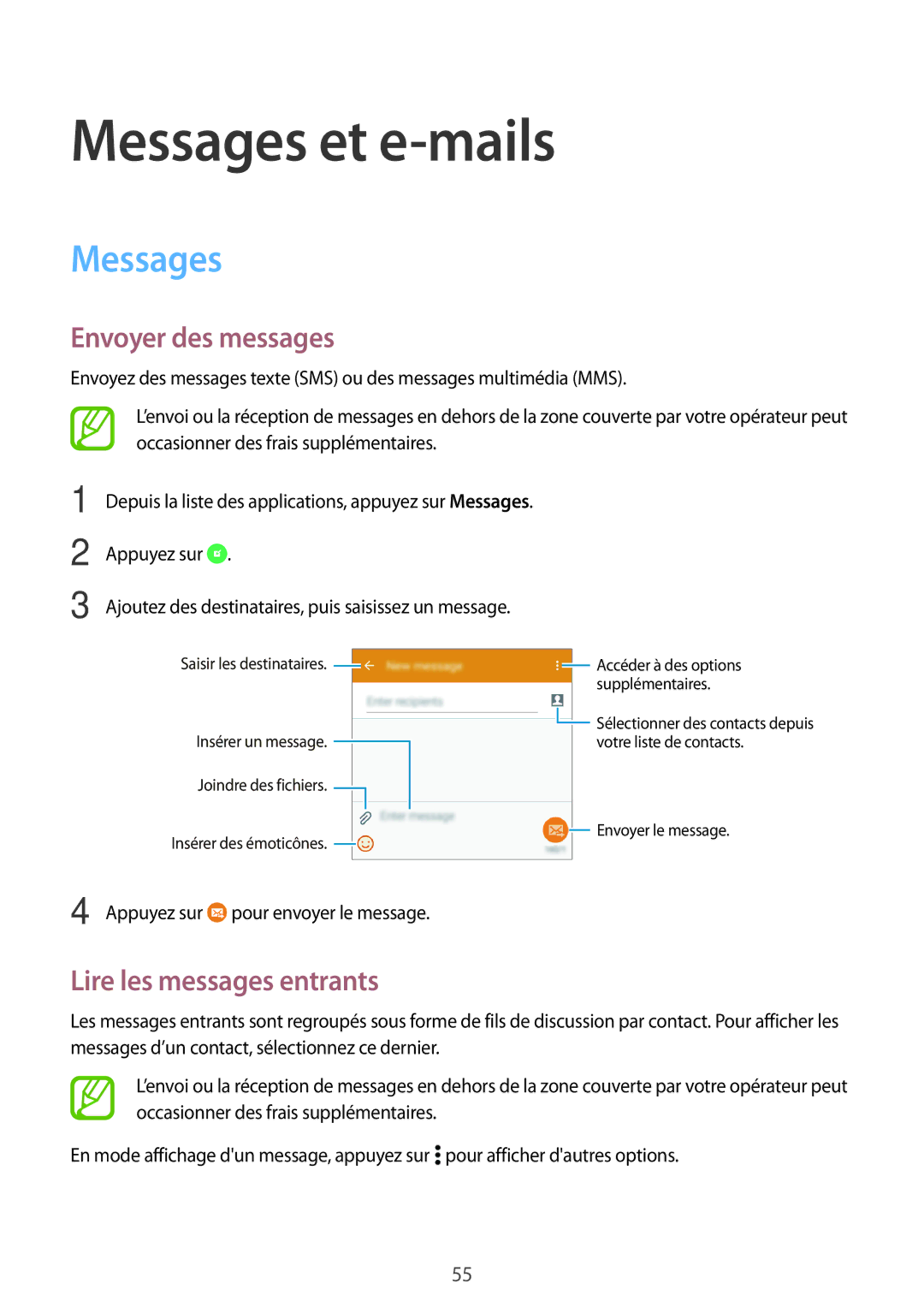 Samsung SM-A300FZWUXEF, SM-A300FZSUXEF manual Messages et e-mails, Envoyer des messages, Lire les messages entrants 