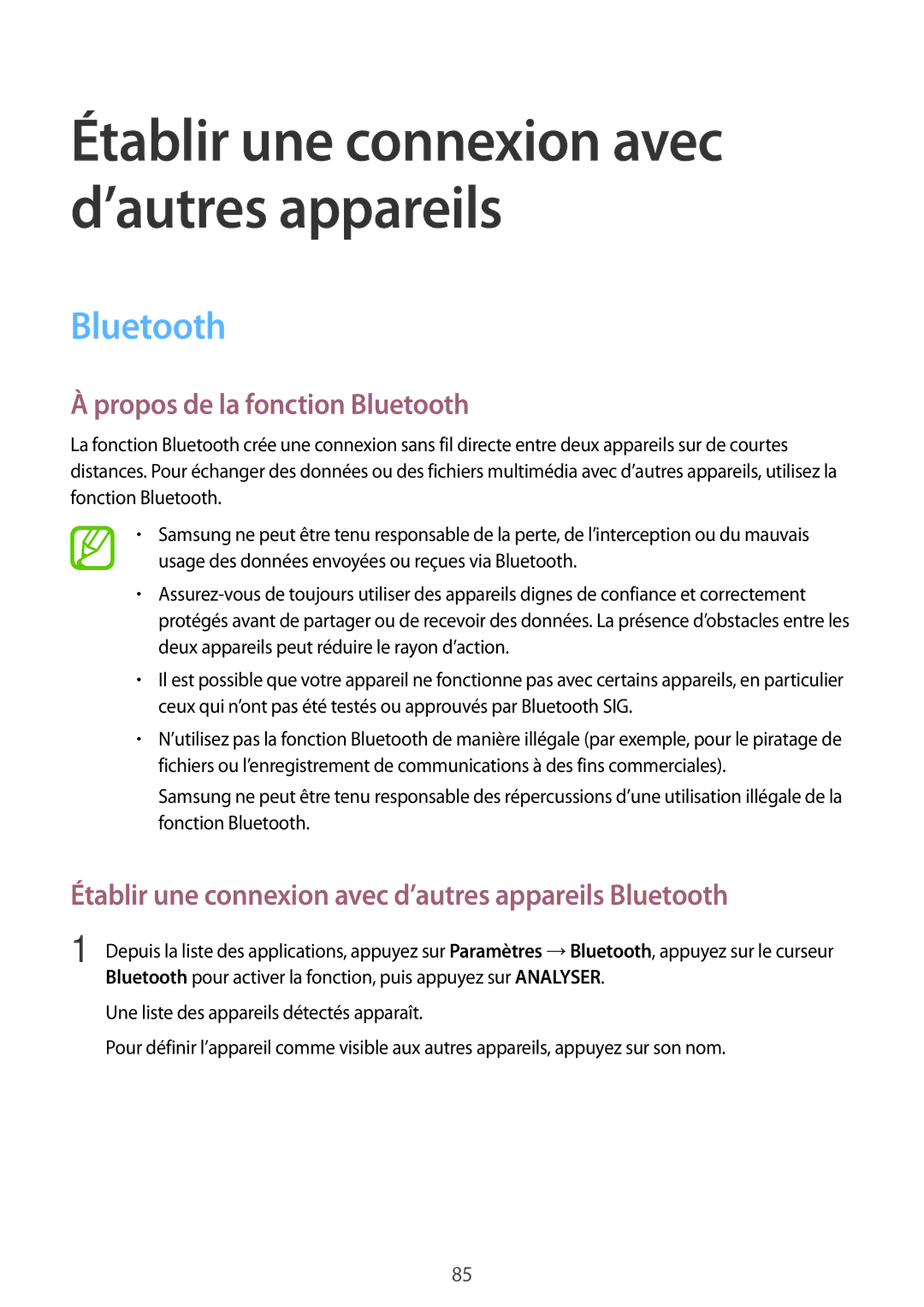 Samsung SM-A300FZWUXEF manual Propos de la fonction Bluetooth, Établir une connexion avec d’autres appareils Bluetooth 