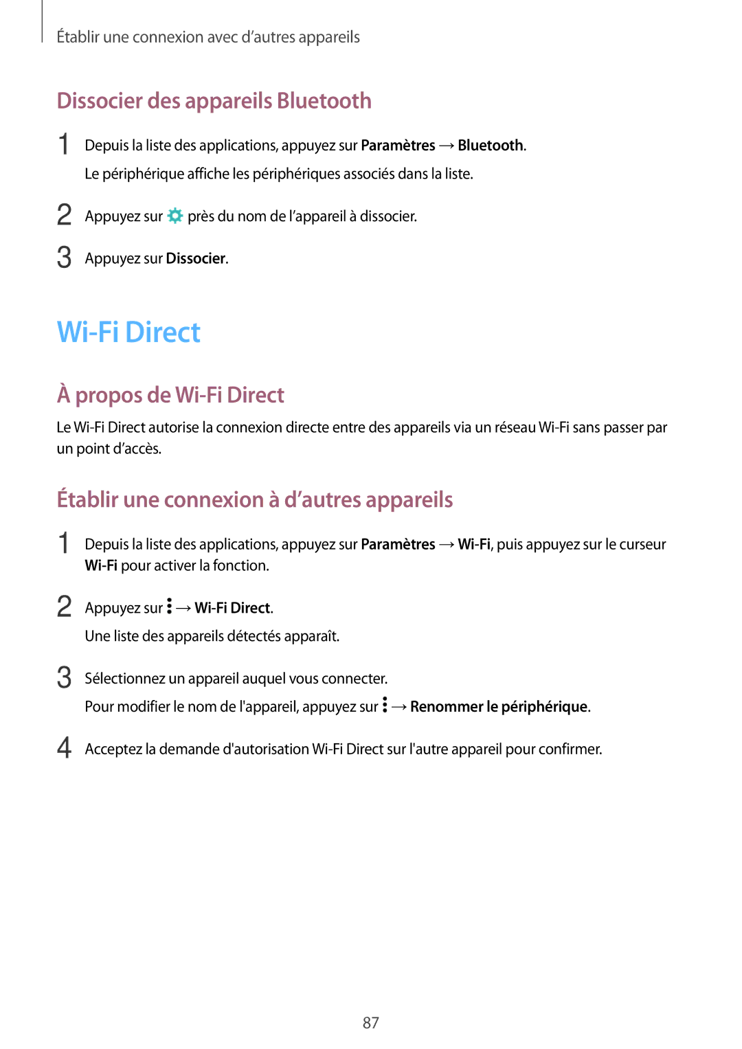 Samsung SM-A300FZDUFTM, SM-A300FZSUXEF, SM-A300FZKUBOG manual Dissocier des appareils Bluetooth, Propos de Wi-Fi Direct 