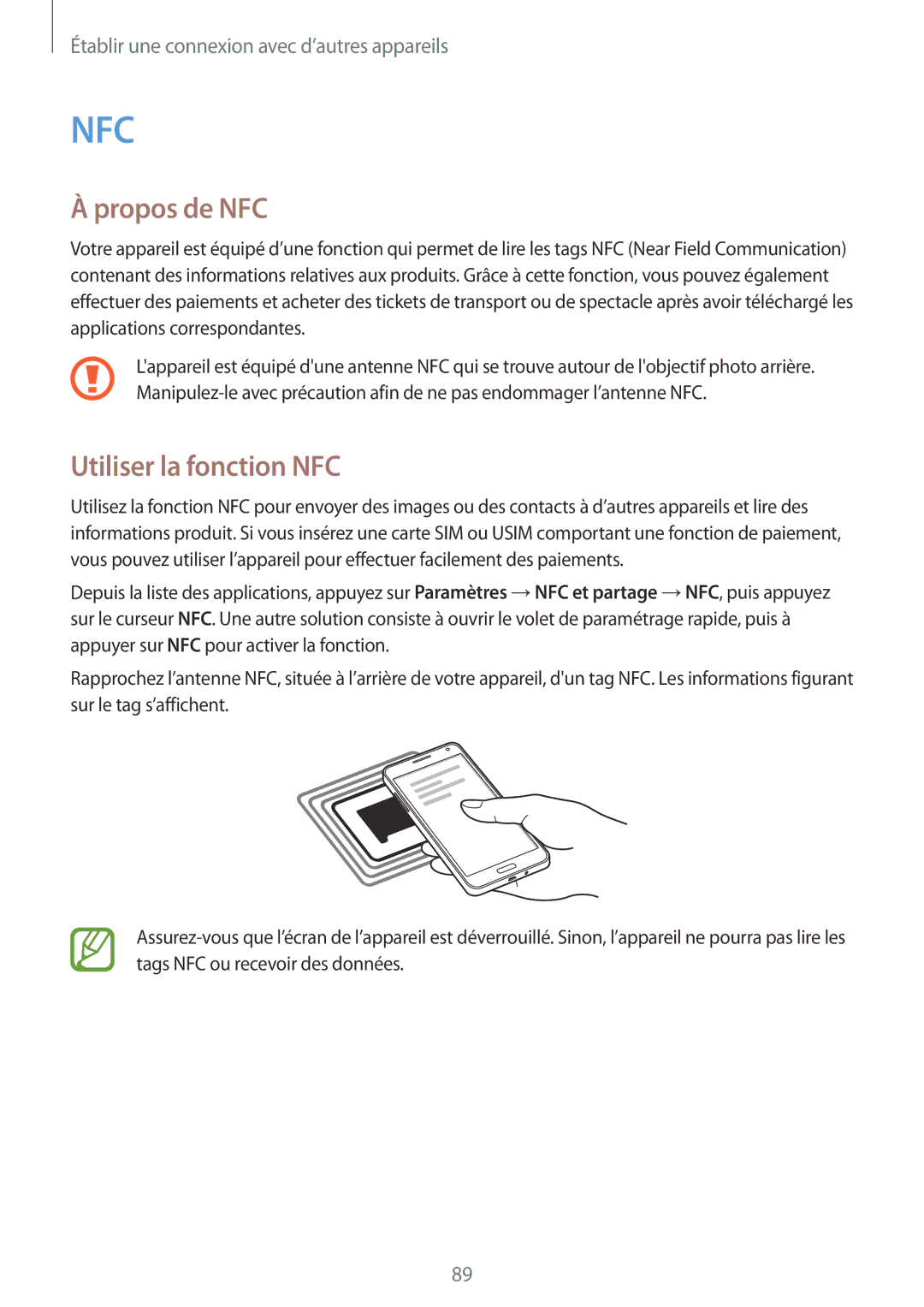 Samsung SM-A300FZKUFTM, SM-A300FZSUXEF, SM-A300FZKUBOG, SM-A300FZWUFTM manual Propos de NFC, Utiliser la fonction NFC 