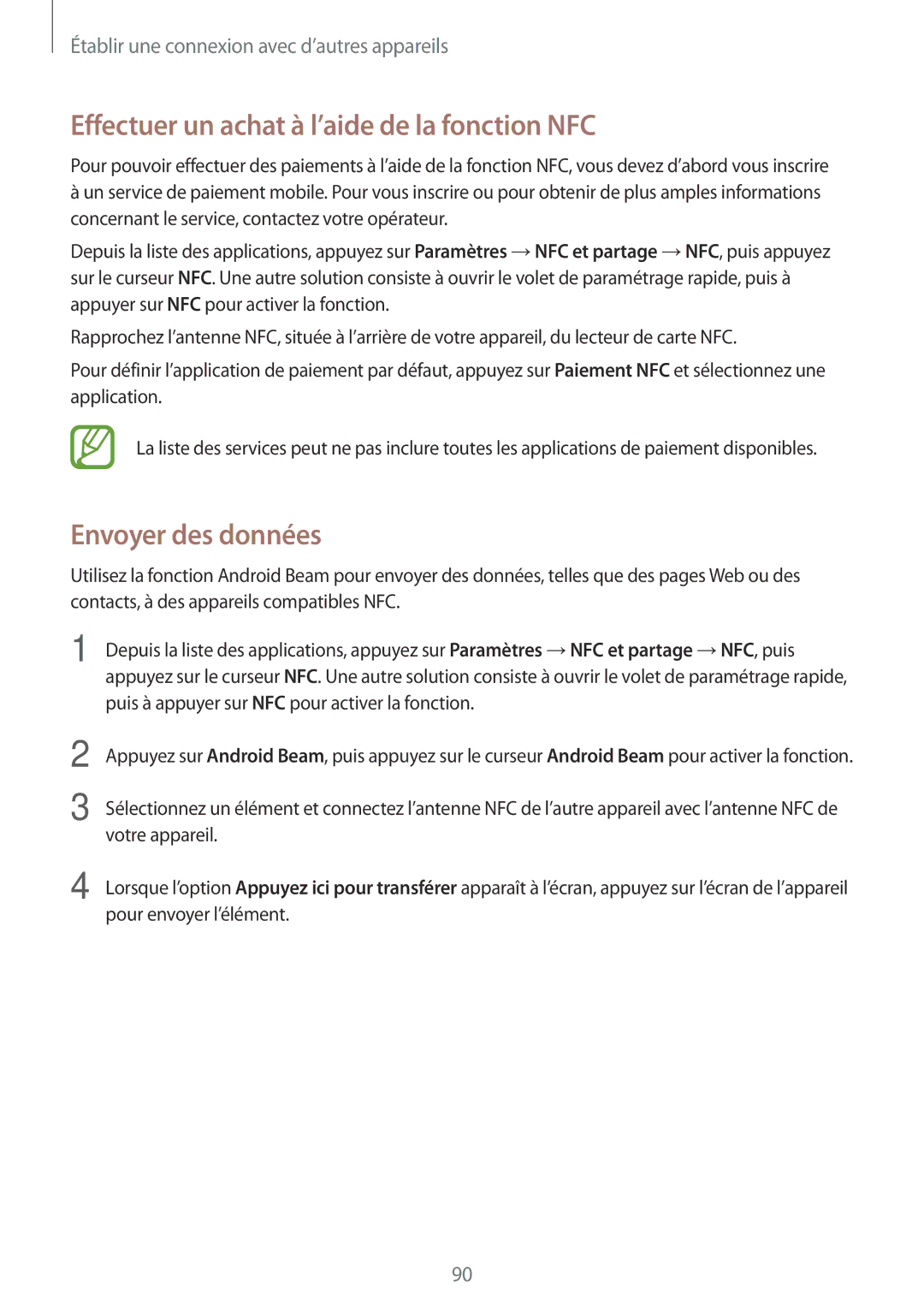 Samsung SM-A300FZSUXEF, SM-A300FZKUBOG, SM-A300FZWUFTM Effectuer un achat à l’aide de la fonction NFC, Envoyer des données 