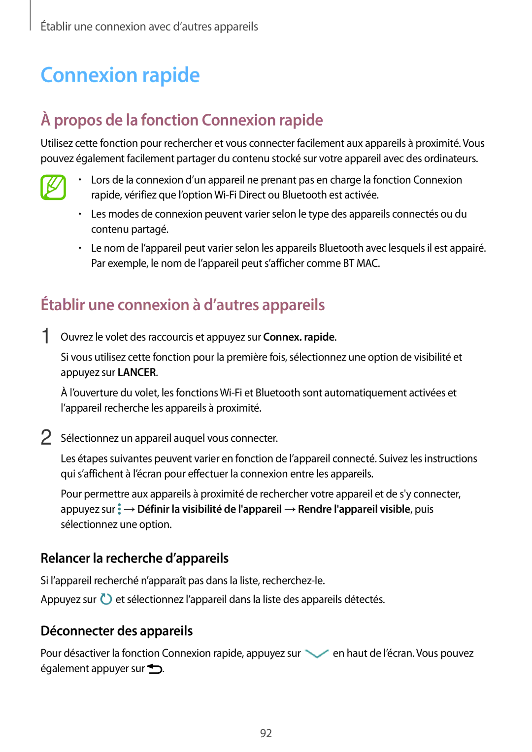 Samsung SM-A300FZWUFTM, SM-A300FZSUXEF manual Propos de la fonction Connexion rapide, Relancer la recherche d’appareils 