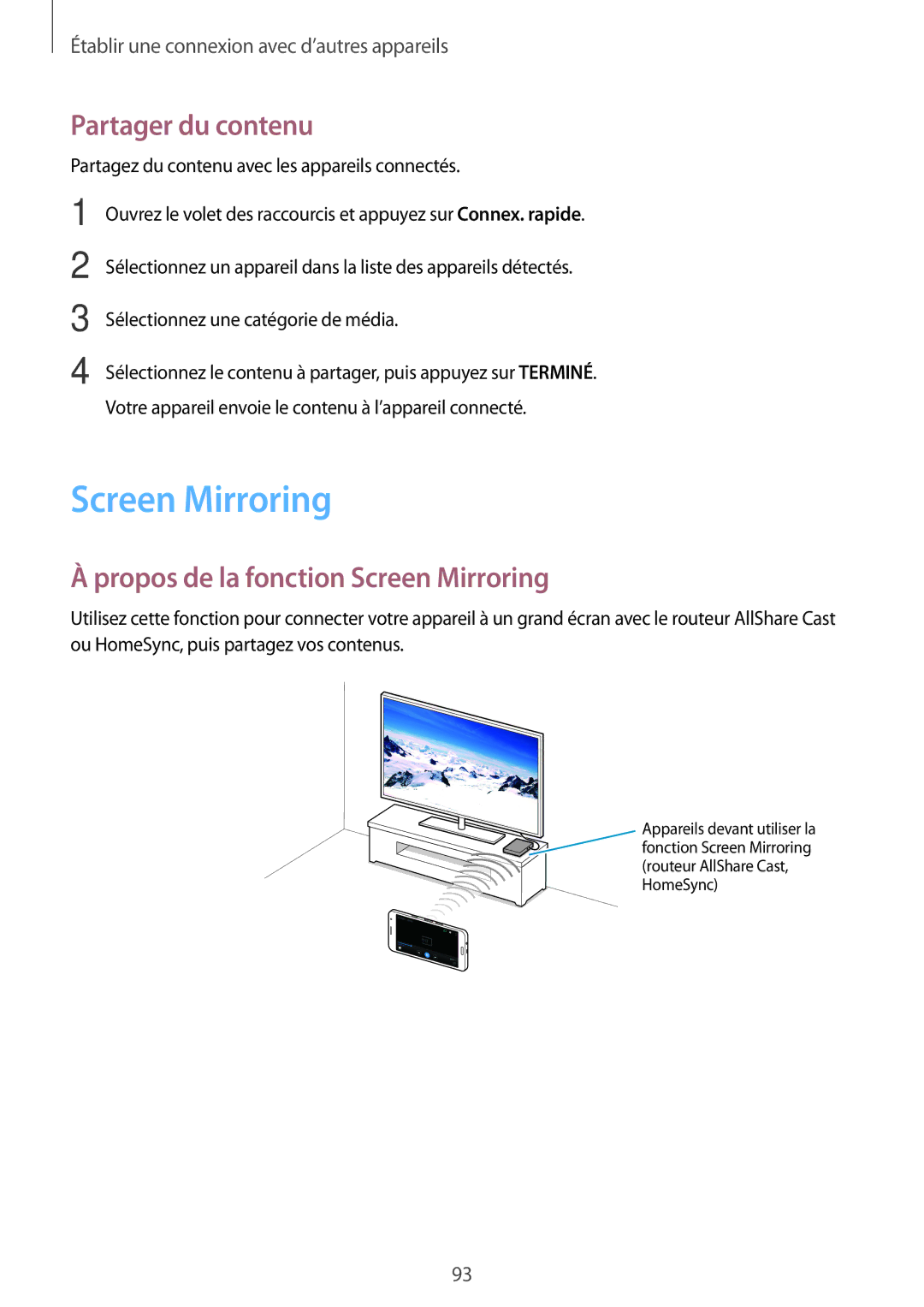 Samsung SM-A300FZWUSFR, SM-A300FZSUXEF, SM-A300FZKUBOG manual Partager du contenu, Propos de la fonction Screen Mirroring 