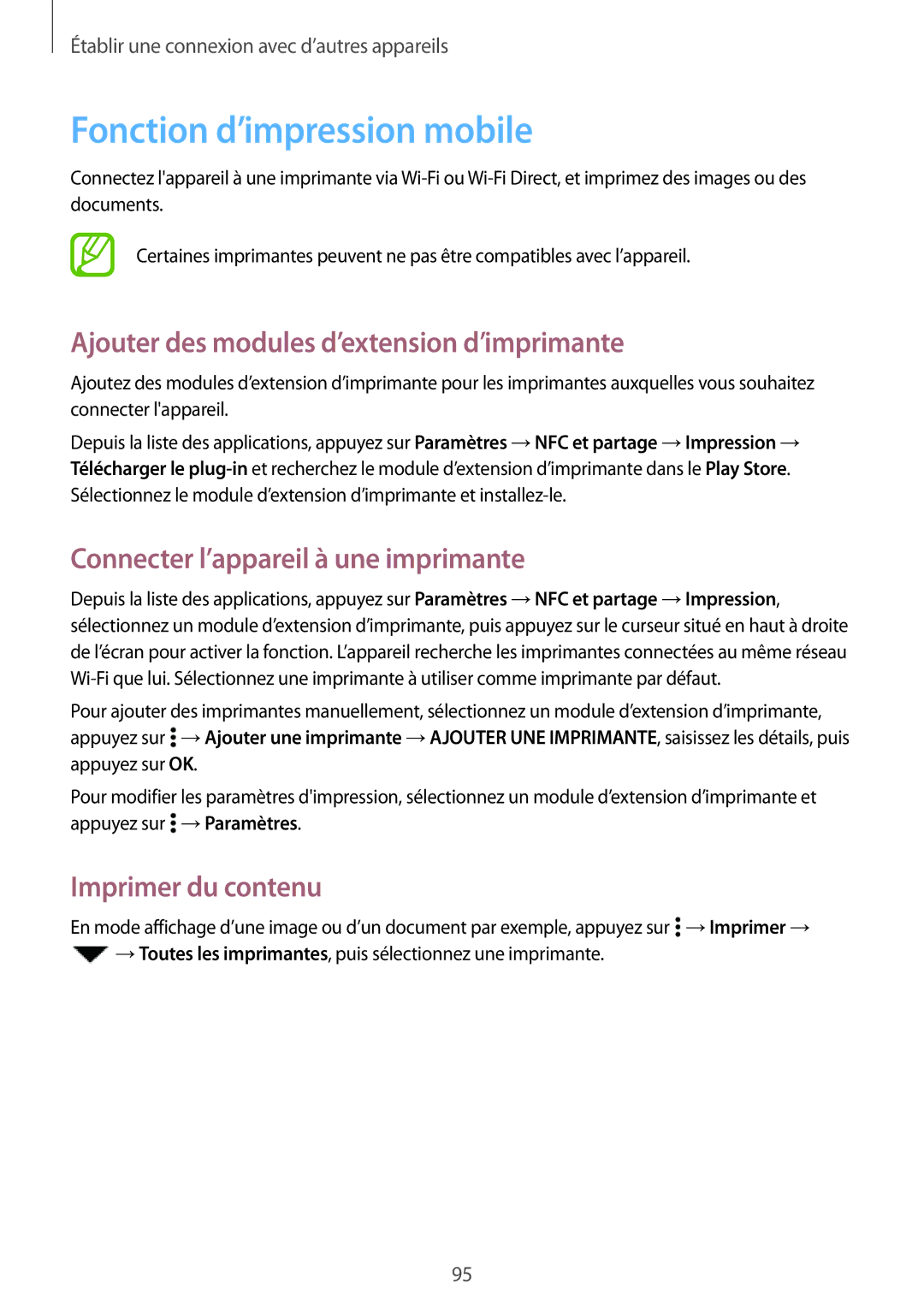 Samsung SM-A300FZWUXEF Fonction d’impression mobile, Ajouter des modules d’extension d’imprimante, Imprimer du contenu 